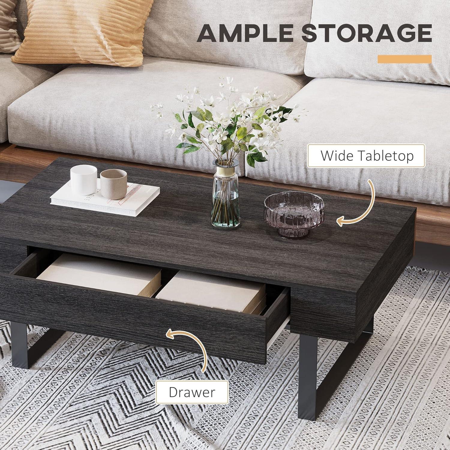 HomCom Industrial Coffee Table with Storage Drawer & Solid Metal Frame, Dark Grey