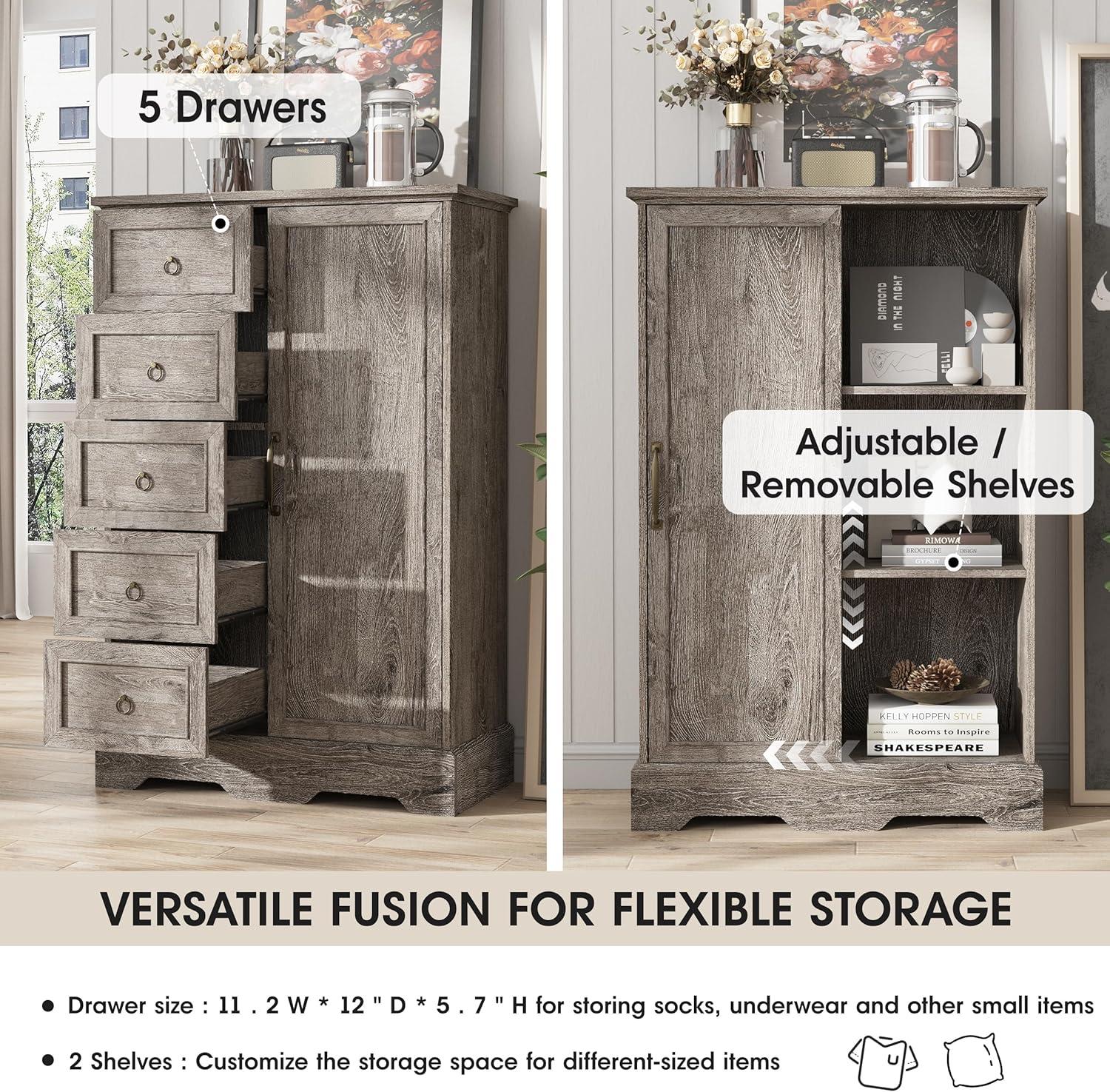 Gracie Oaks 5 Drawers Dresser With Cabinet, 48" Tall Chest, Wooden Closet Dresser With Sliding Barn Door For Living Room, Hallway