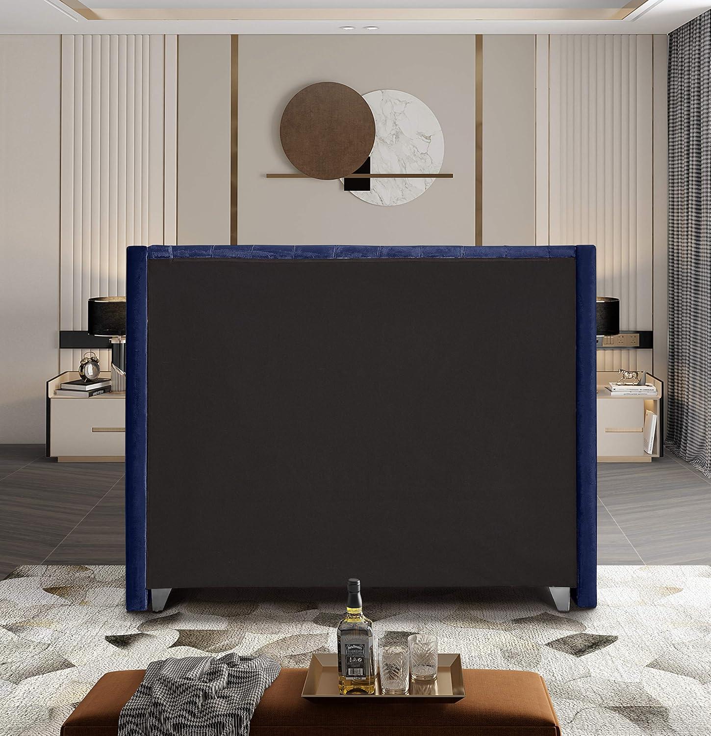 Meridian Furniture Aiden Velvet Queen Bed-Color:Navy Velvet,Style:Contemporary