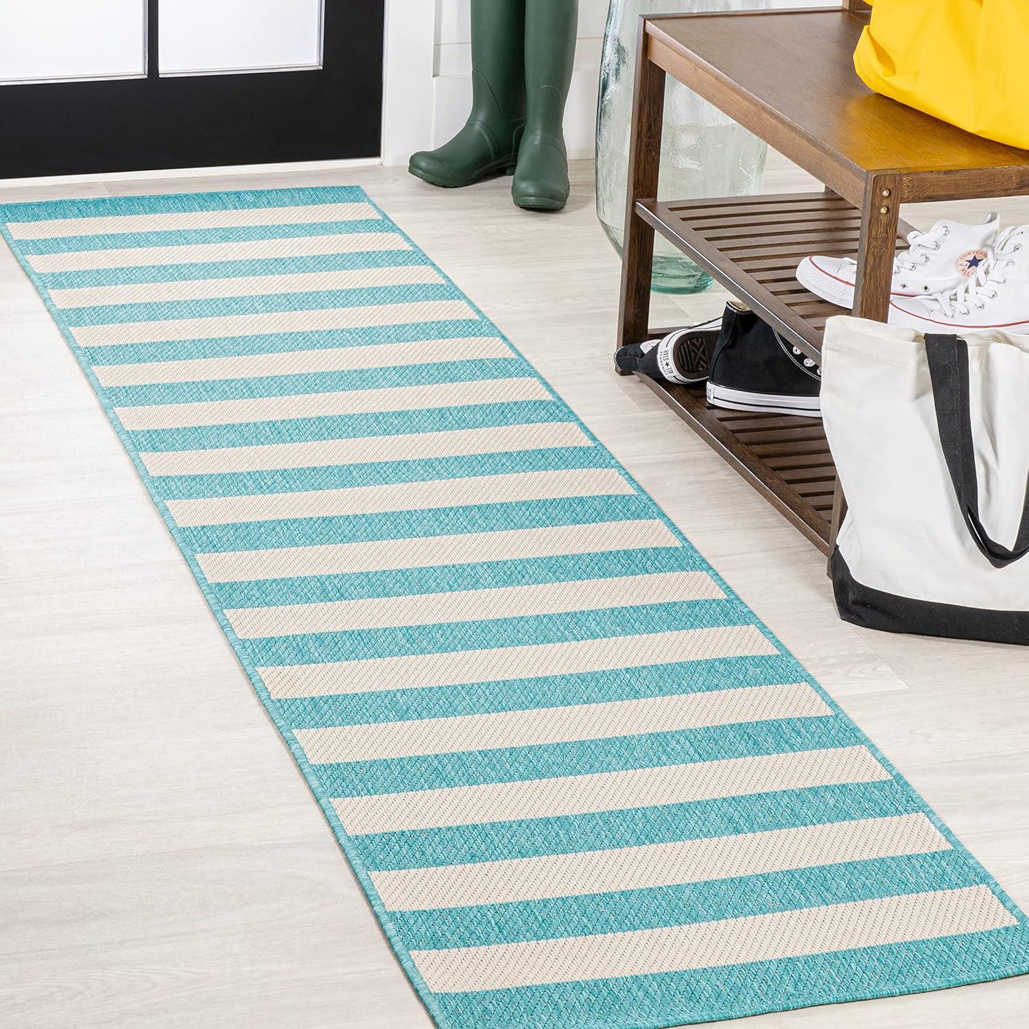 2' x 8' Negril Two-Tone Wide Stripe Indoor/Outdoor Runner Rug, Aqua/Cream - JONATHAN Y