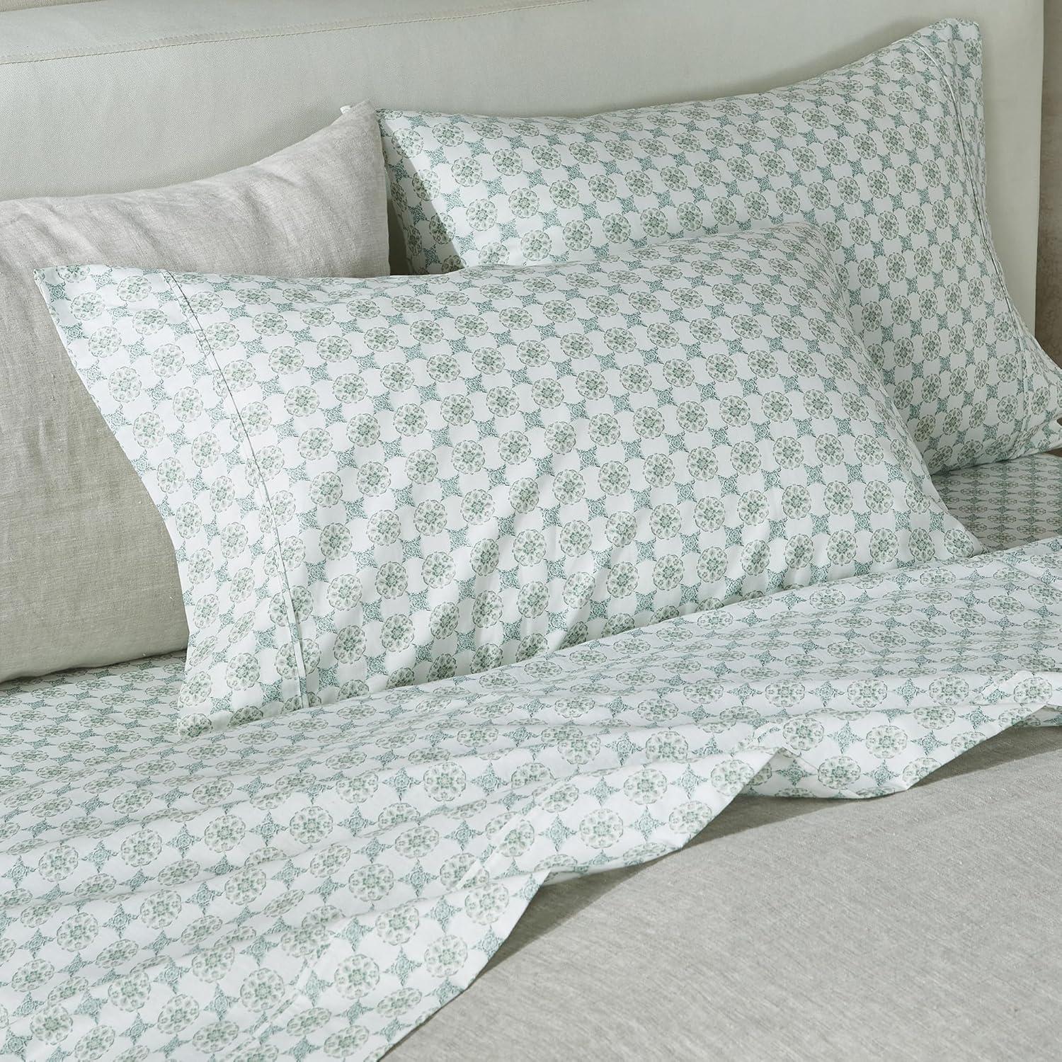 Full Sage Green Floral Cotton Percale Sheet Set, 4 Pieces