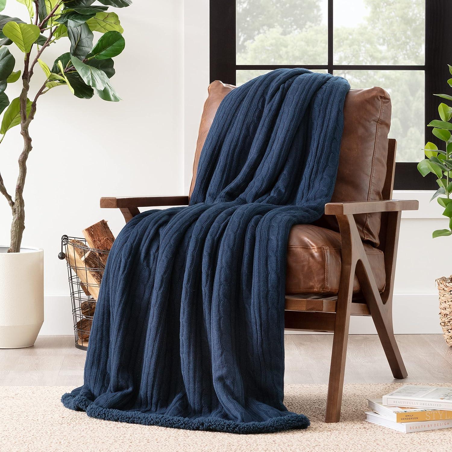 Chanasya Cable Knit Throw Blanket with Plush Faux Shearling Side