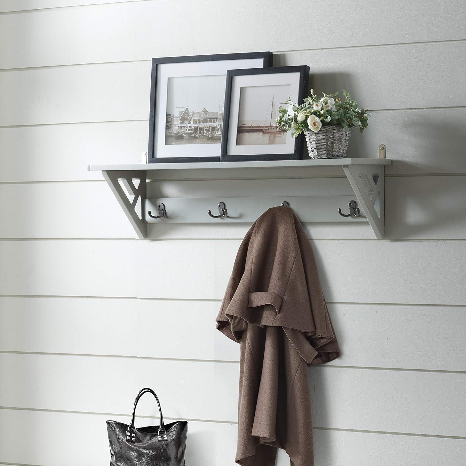 Gray Wood and Metal Coat Hook Shelf with Double Hooks