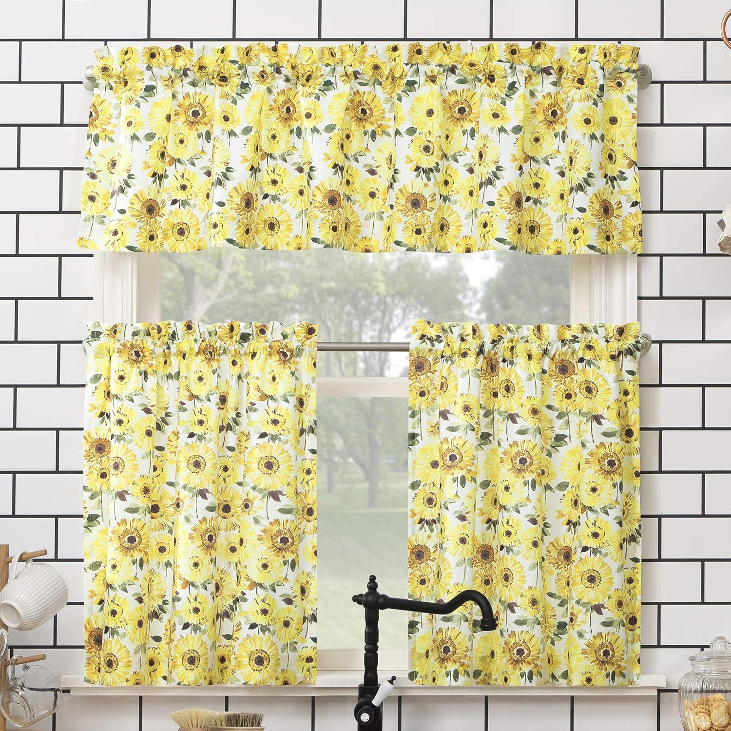 Yellow Sunflower Print Semi-Sheer Rod Pocket Kitchen Curtain Set