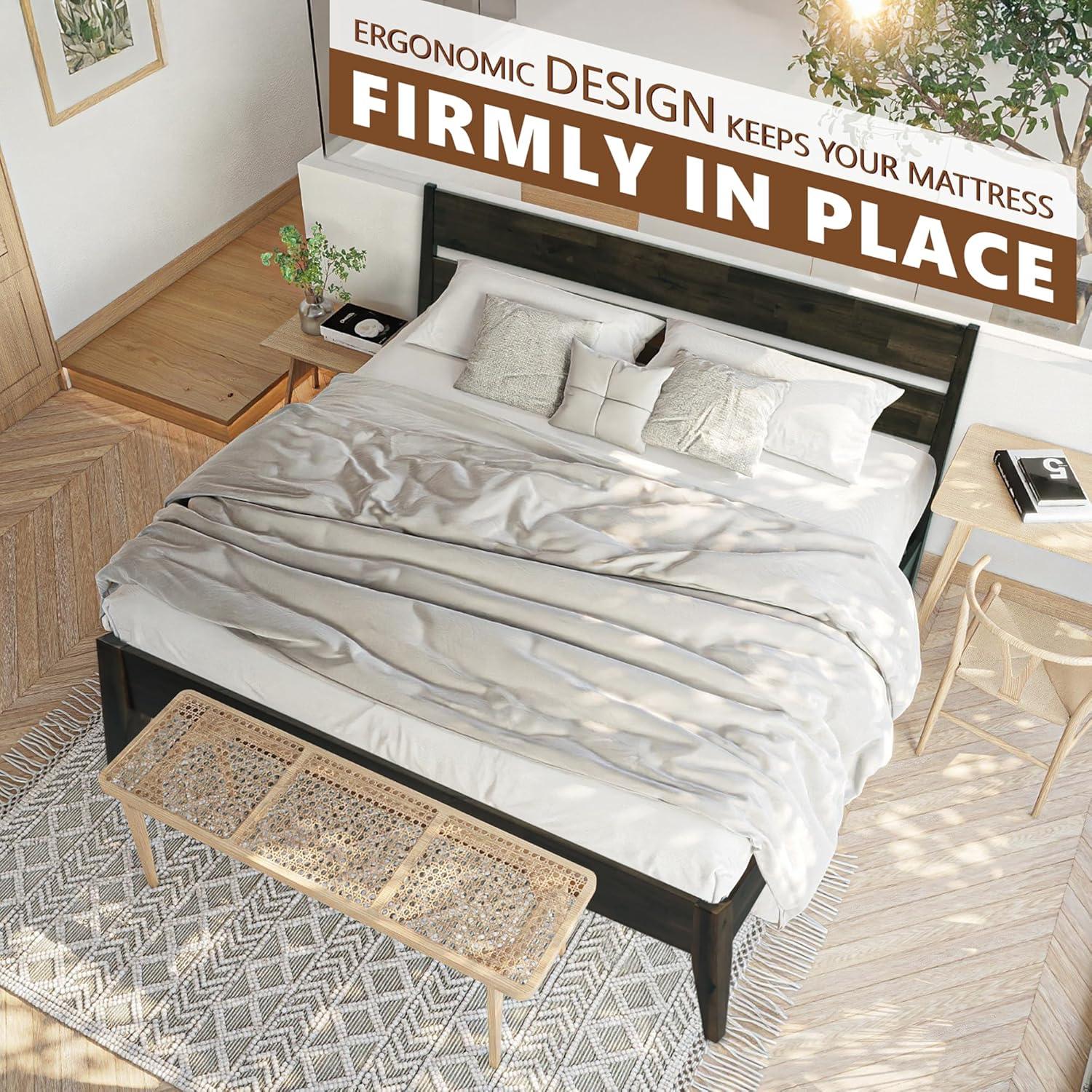 Acacia Acacia Bed Frame with Headboard Solid Wood Platform Bed