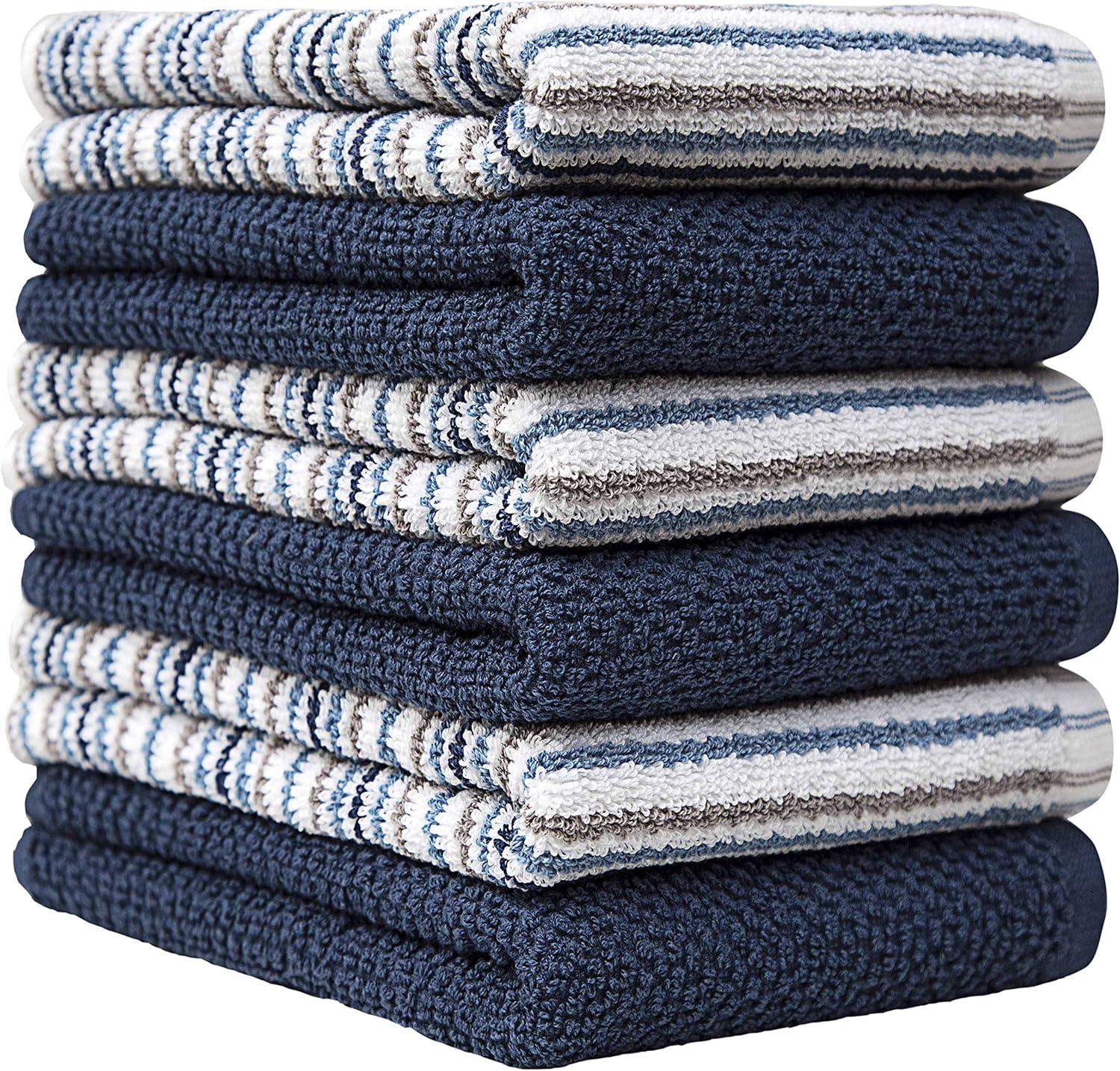 Premium Kitchen Towels (16?x 26?, 6 Pack) - Large Cotton Kitchen Hand Towels -Popcorn Stripe Design - 400 GSM Highly Absorbent Tea Towels Set with Hanging Loop - Blue