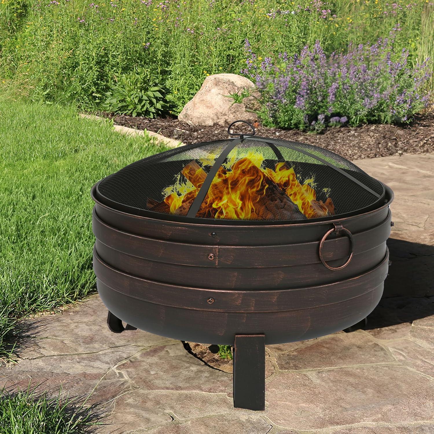 Sunnydaze Heavy-Duty Steel Cauldron Fire Pit with Spark Screen and PVC Protective Cover - 28.5-Inch Round - Brushed Bronze