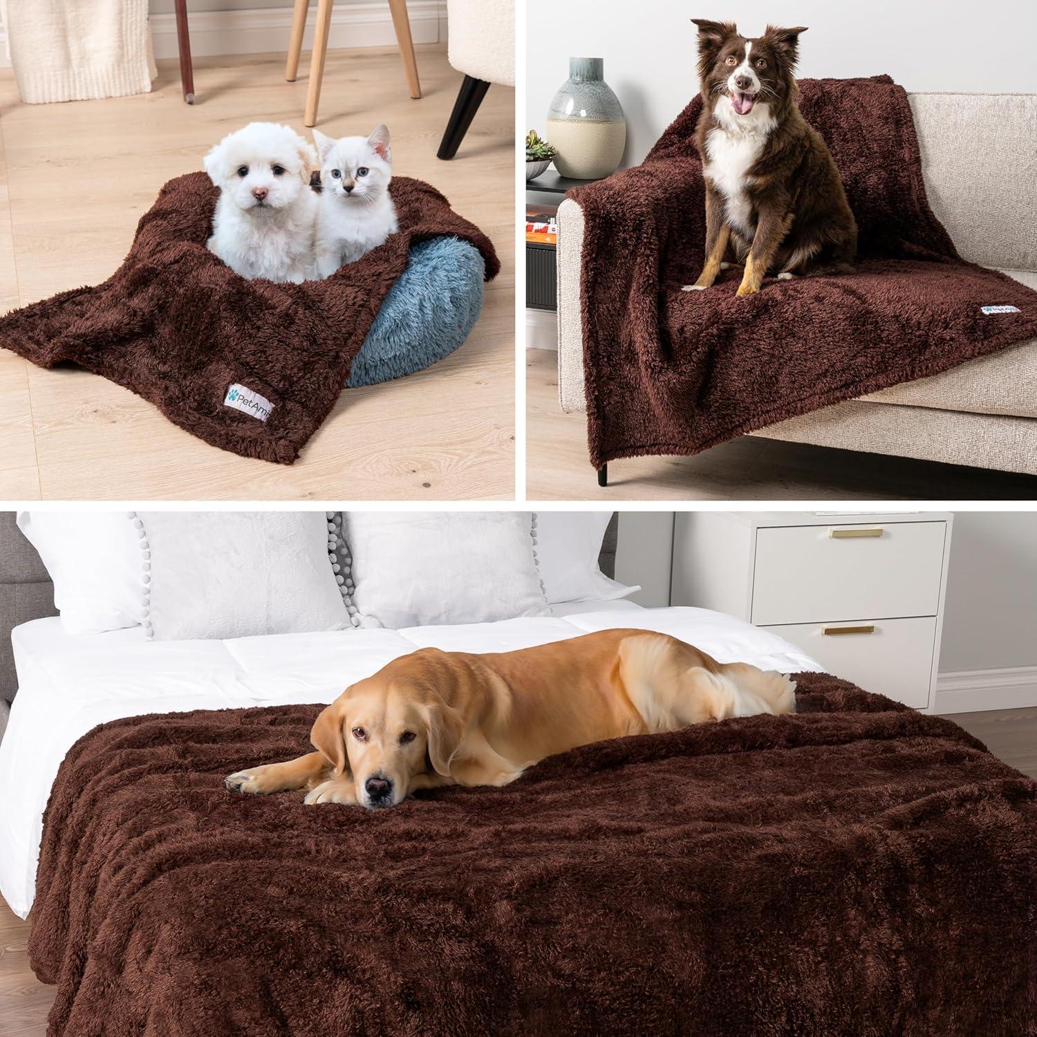 PetAmi Fluffy Waterproof Dog Blanket For Pet Cat Puppy, Soft Faux Shearling Throw Couch Cover, Plush Washable Reversible