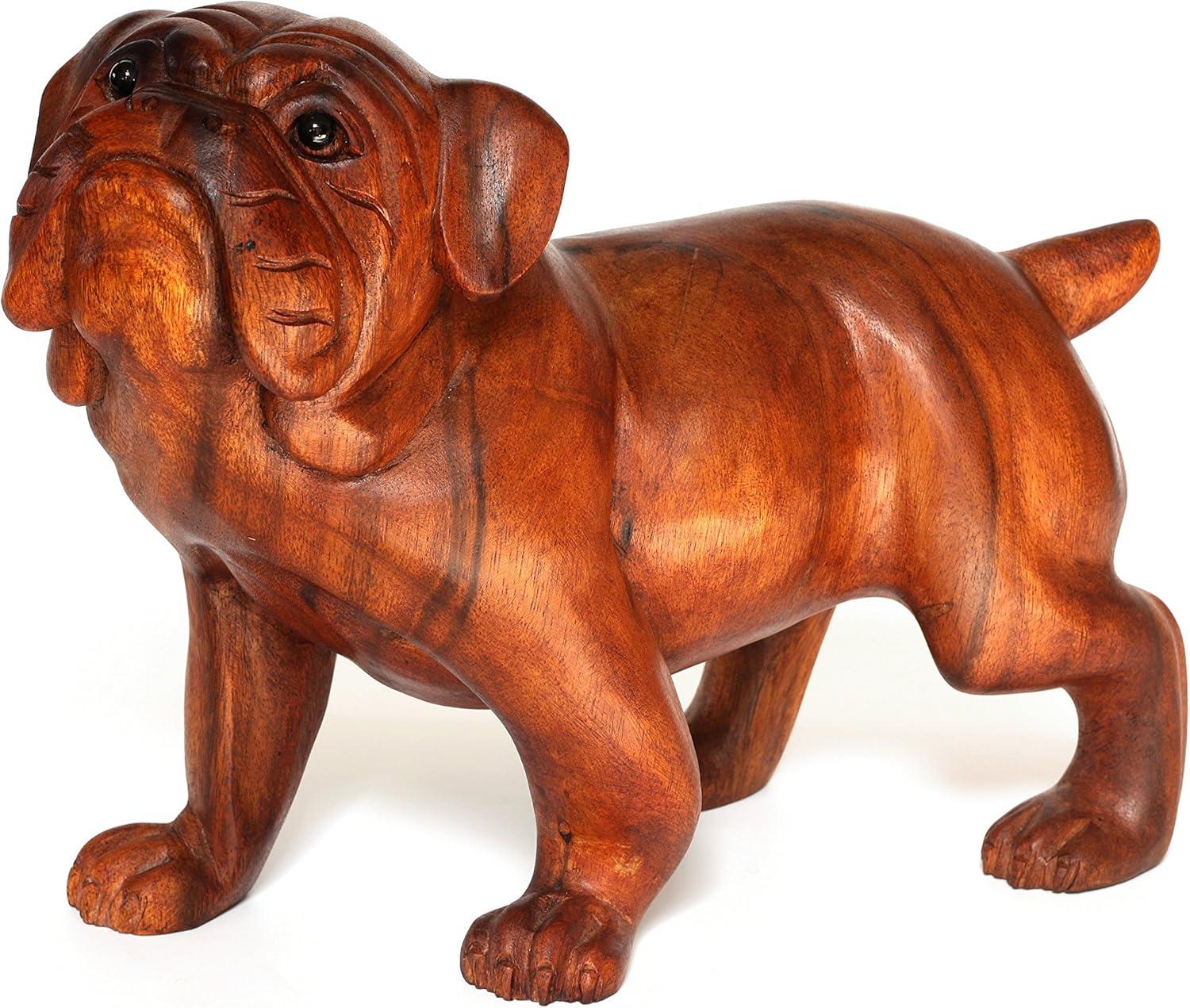 Hand Carved Wooden Bulldog Statue in Rustic Brown Finish