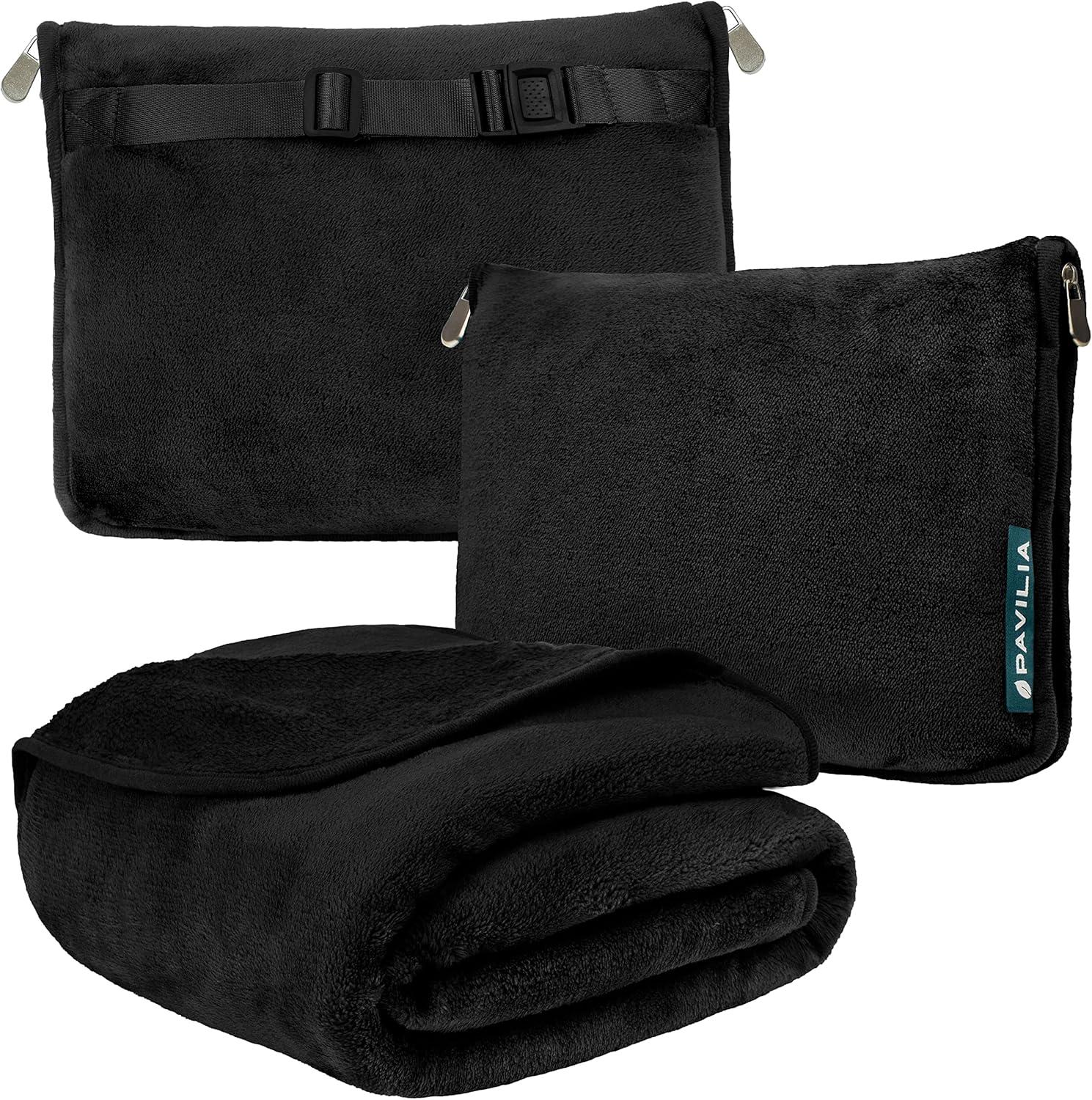 PAVILIA Travel Blanket and Pillow, Warm Soft Fleece 2-IN-1 Combo Large Compact Set for Airplane Camping Car Trips (Black, 60 x 43 inches)