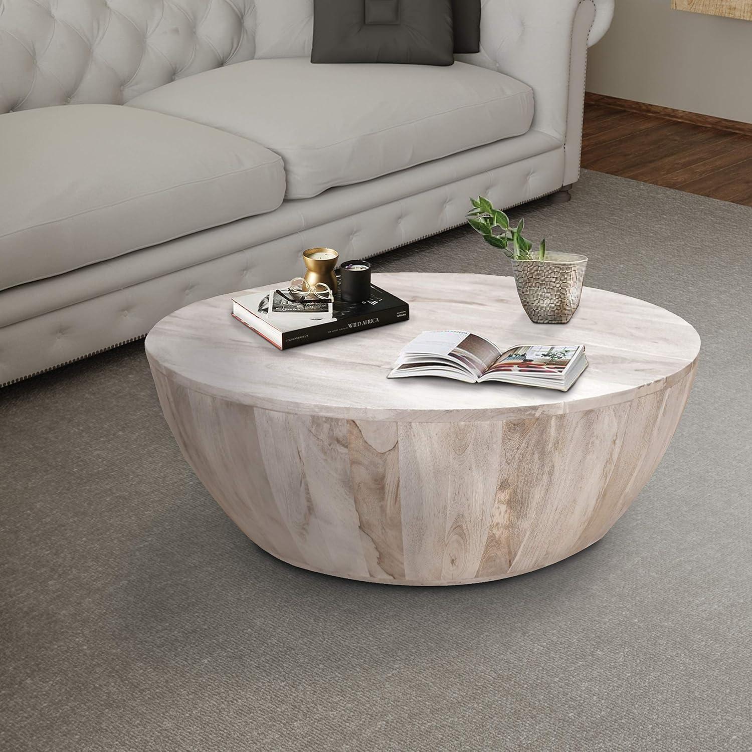 12 Inch Round Mango Wood Coffee Table, Subtle Grains, Distressed White - Saltoro Sherpi