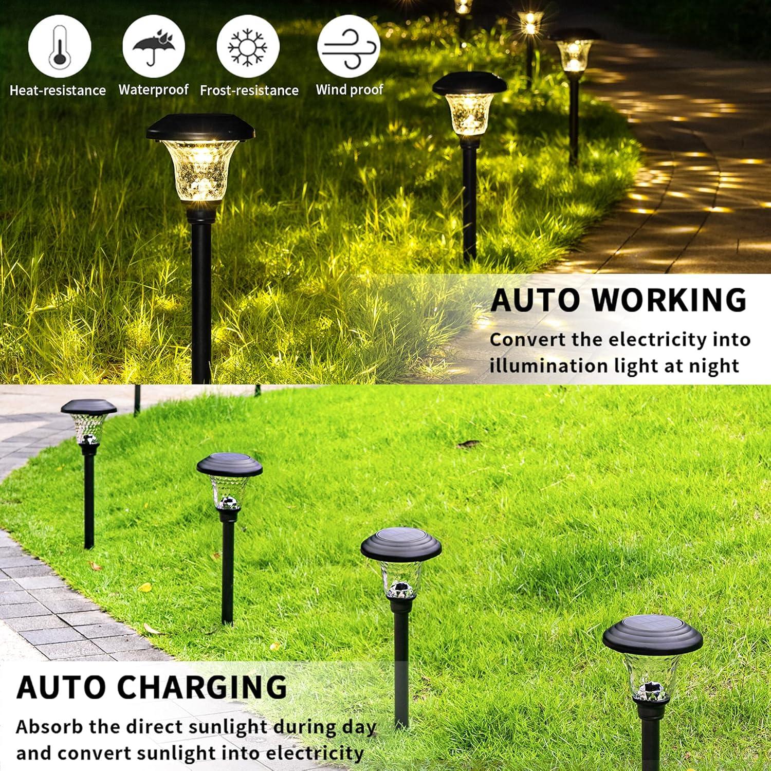 GIGALUMI Solar Garden Lights 8 Pack, Super Bright Solar Pathway Lights, Glass Stainless Steel Solar Lights Outdoor Waterproof, Auto On/Off Solar Powered Landscape Lights for Yard, Walkway (Black).