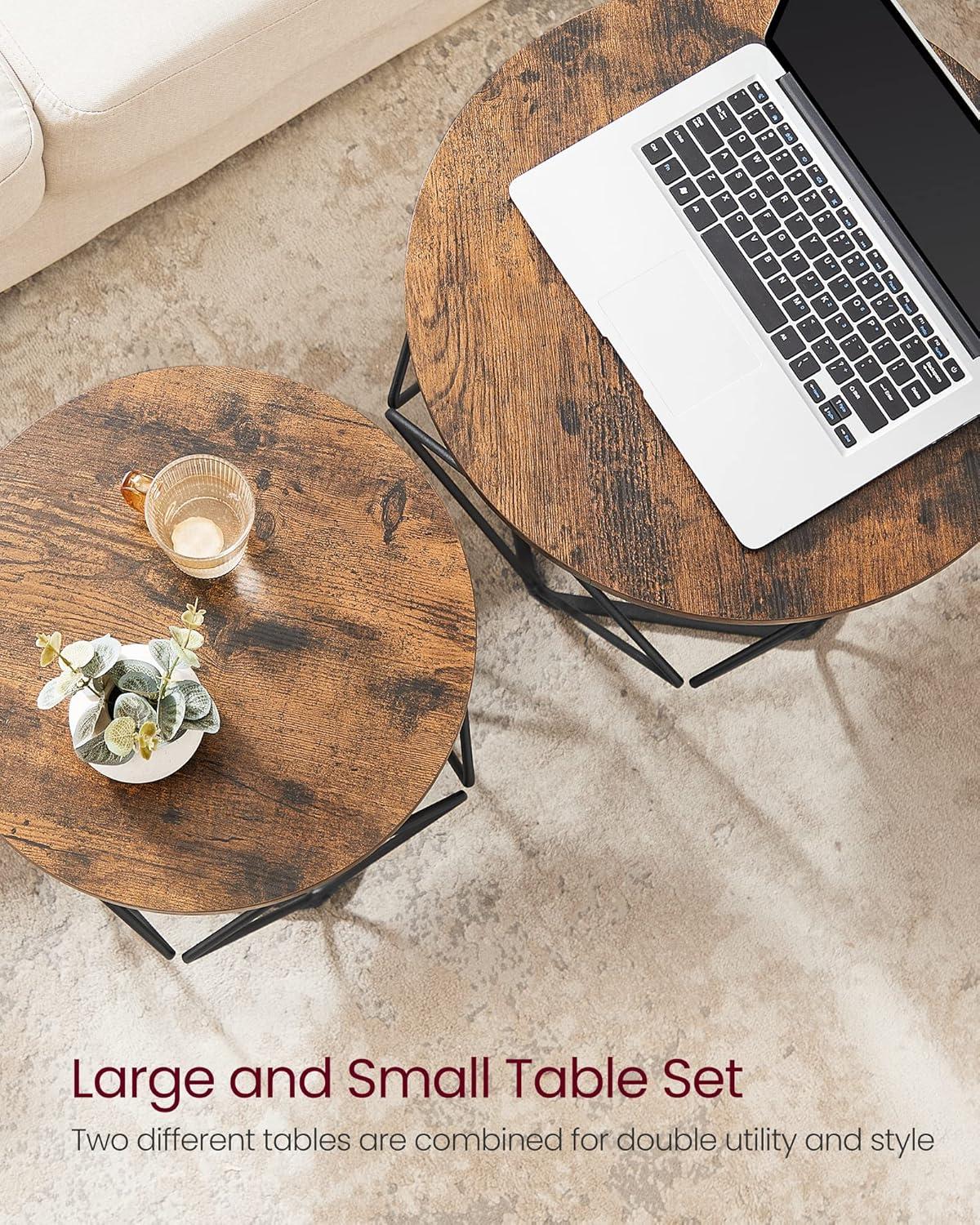 VASAGLE Round Coffee Table Set of 2 Living Room Tables Side End Table with Steel Frame for Bedroom Rustic Brown and Black