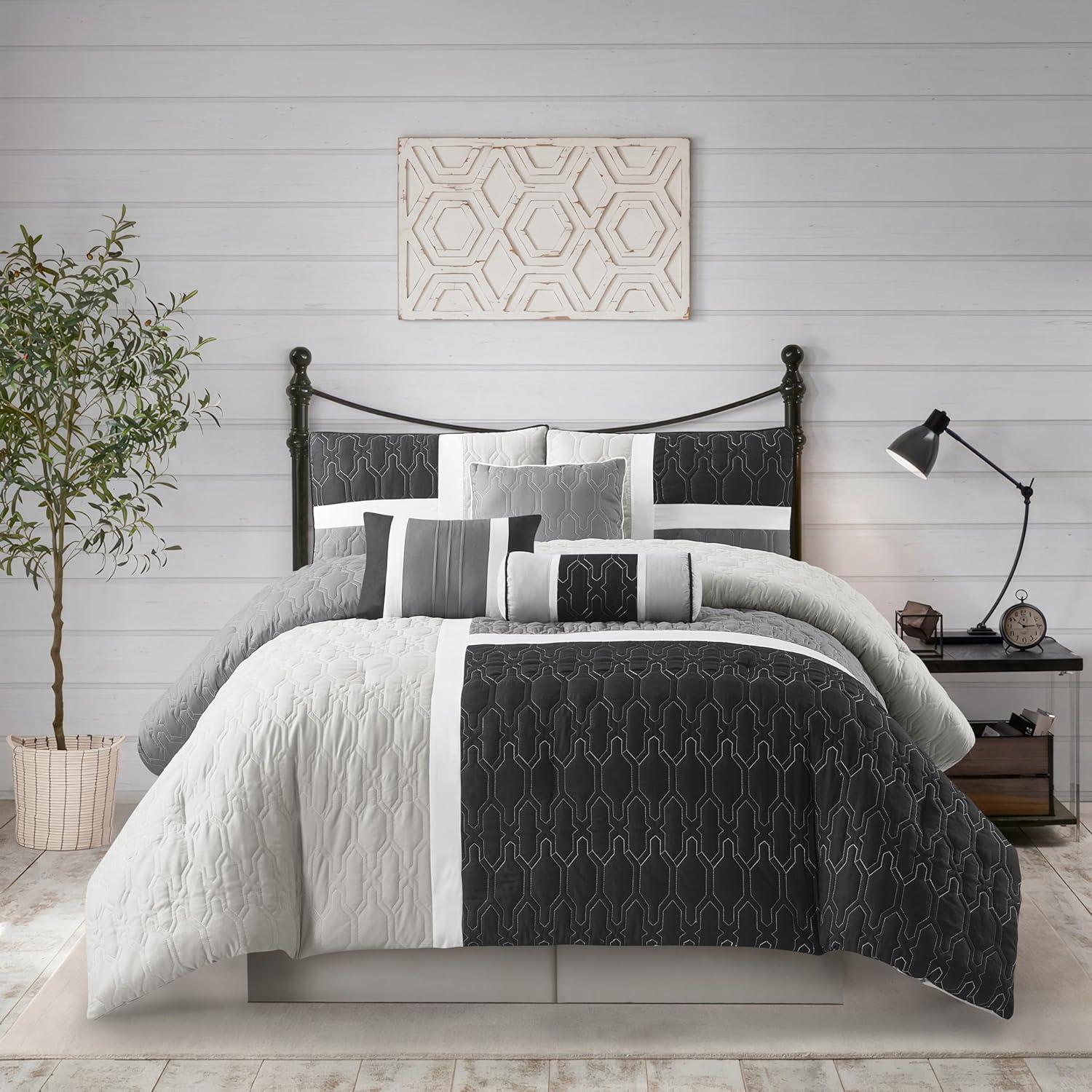 Gray and Black Geometric Microfiber King Comforter Set, 7 Pieces