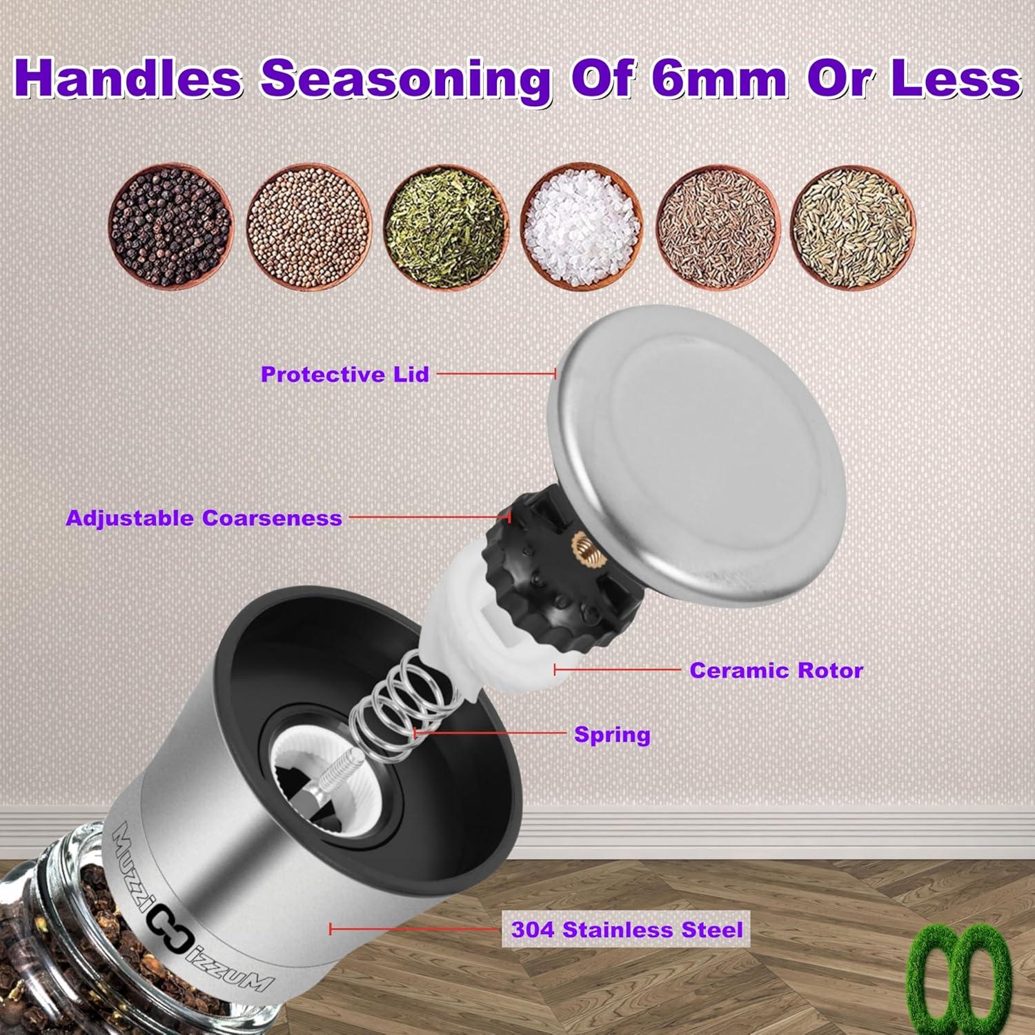 Textiles Hub Premium Salt And Pepper Grinder Set Of 2 - Two Refillable Stainless Steel Sea Salt & Spice Shakers With Adjustable Coarse Mills - Easy Clean Grinders Funnel & Cleaning Brush