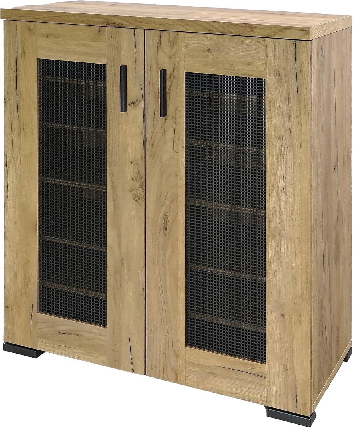 Golden Oak and Gunmetal Mesh Door Accent Cabinet