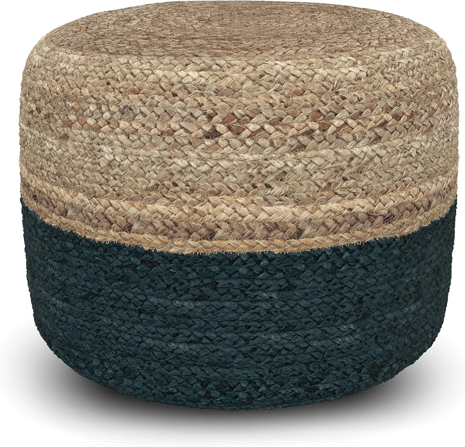 Lydia Teal and Natural Woven Jute Round Pouf