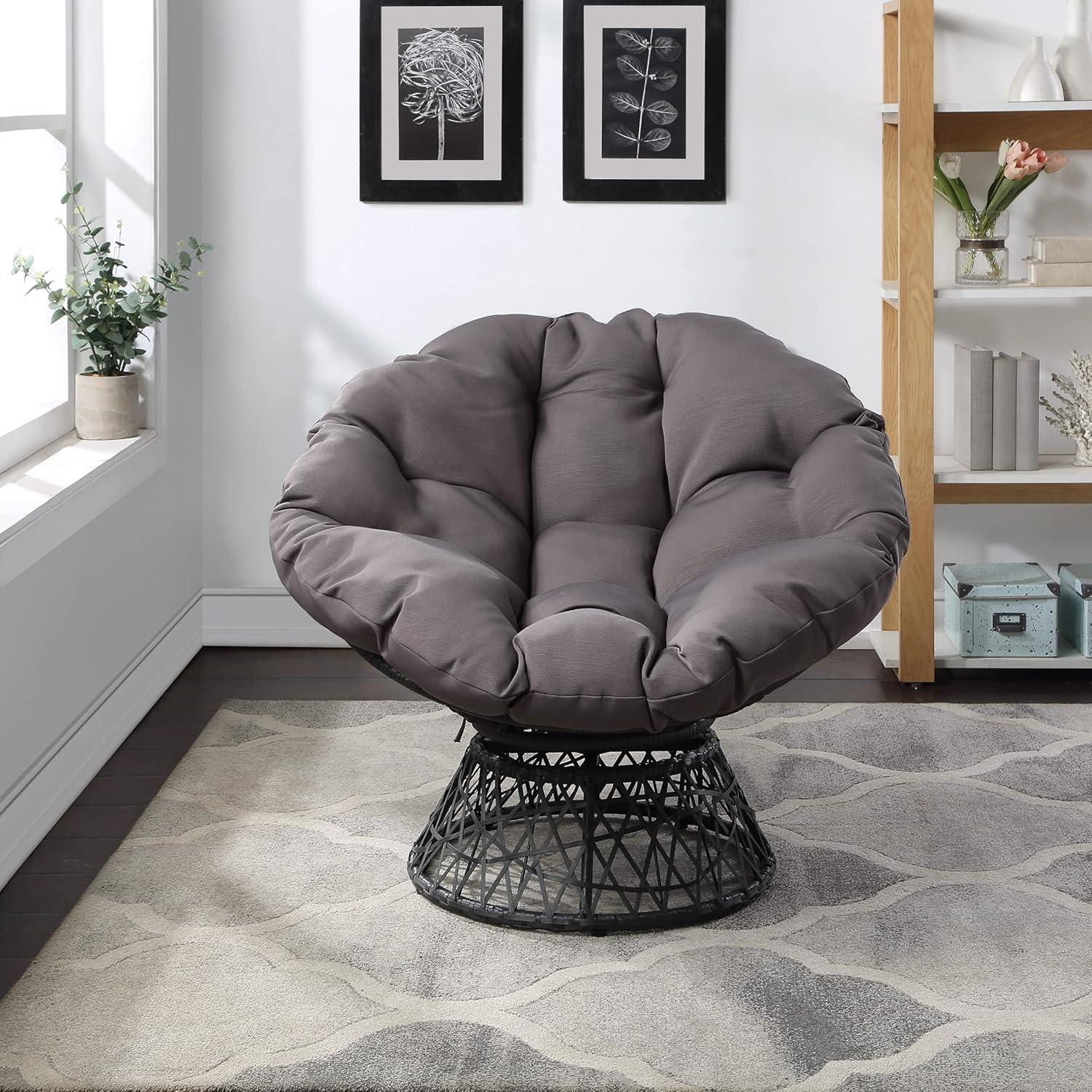 Wicker Papasan Chair with 360-Degree Swivel, Grey Frame with Grey Cushion