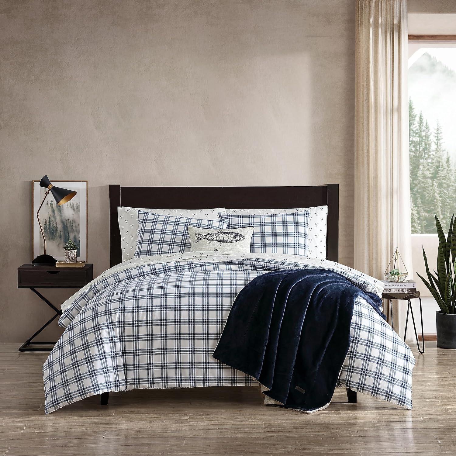 Navy Blue Plaid Cotton Full/Queen Duvet Set with Shams