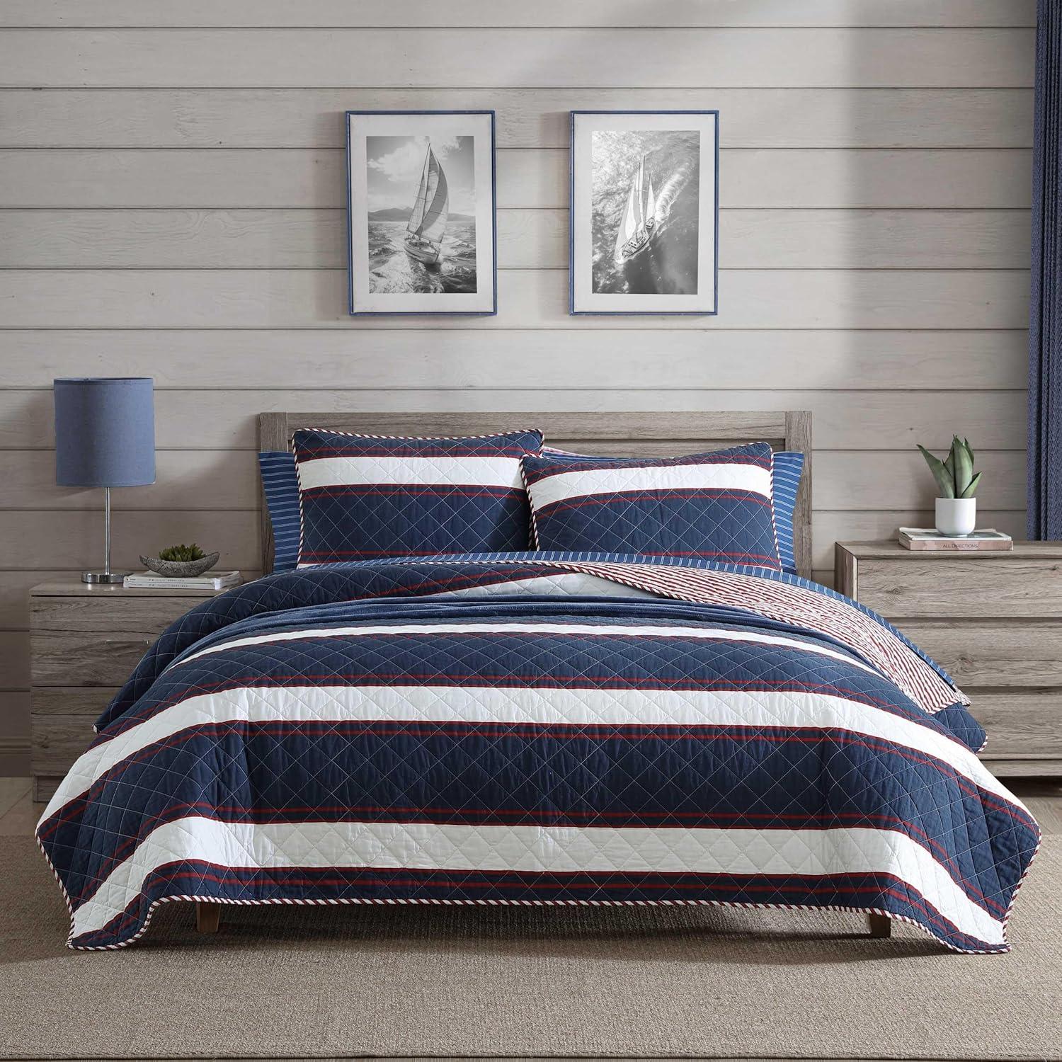 Nautica Nautica Wesley Blue Cotton Reversible Quilt Set