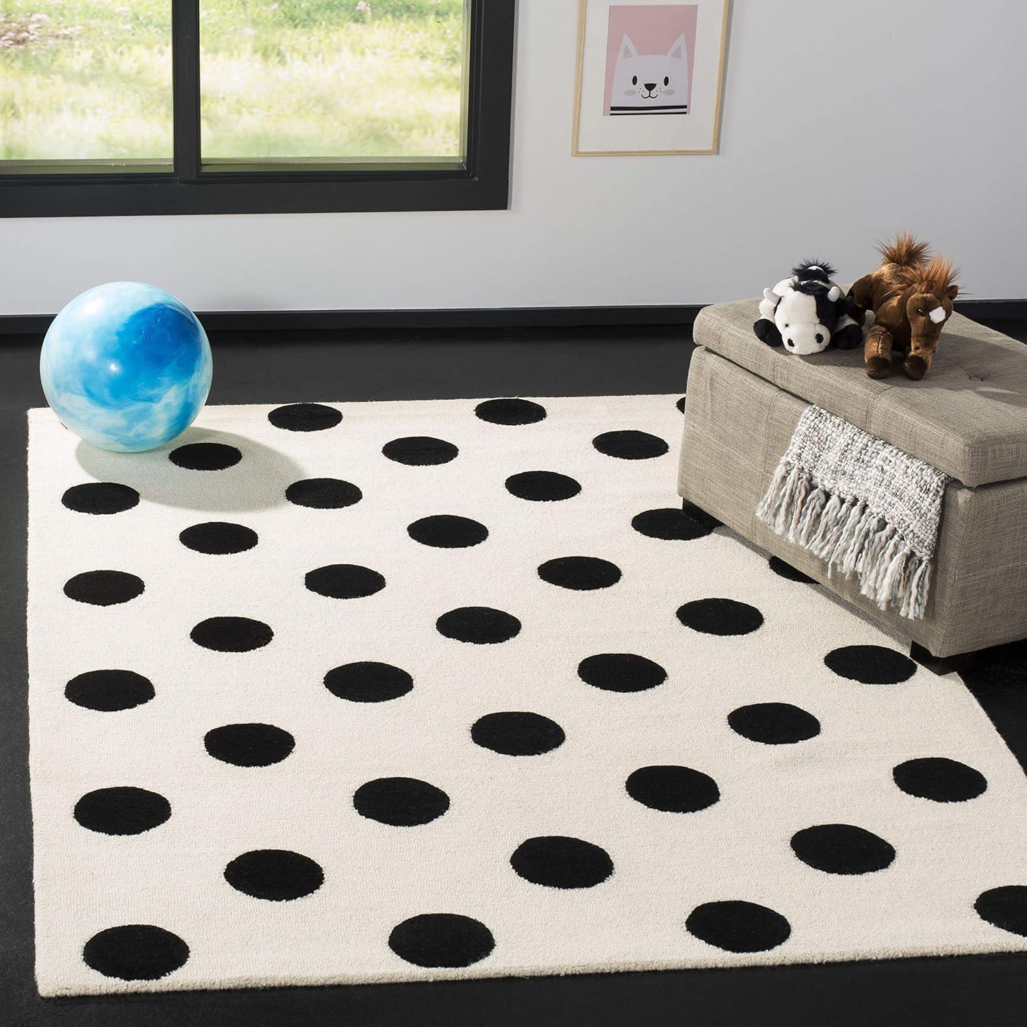 Ivory and Black Polka Dot Wool Kids Rug, 3' x 5'