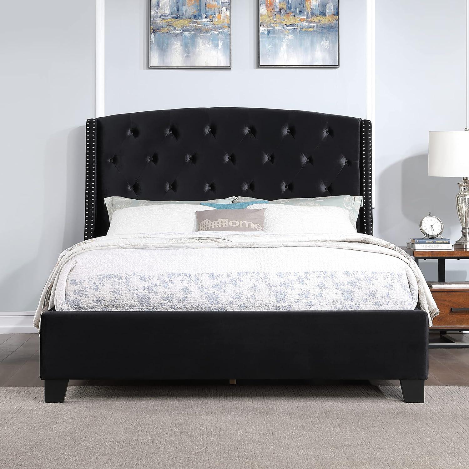 Black Velvet Queen Bed with Tufted Upholstered Headboard and Nailhead Trim