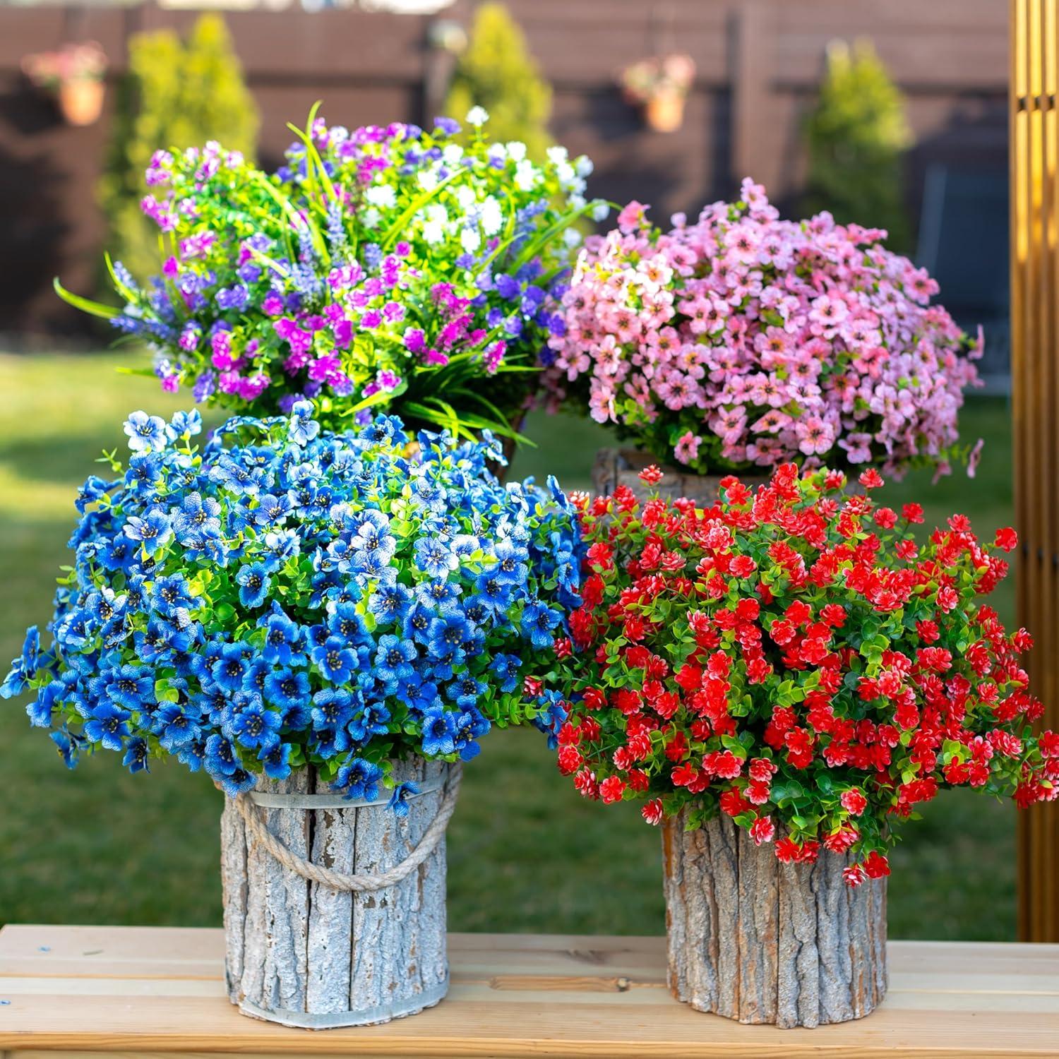 Artificial Flowers for Outdoors Fake Plants - 16 Bundles Faux Outside Greenery Boxwood UV Resistant No Fade Plastic Shrubs Fall Decor Farmhouse Home Garden Mums (White)