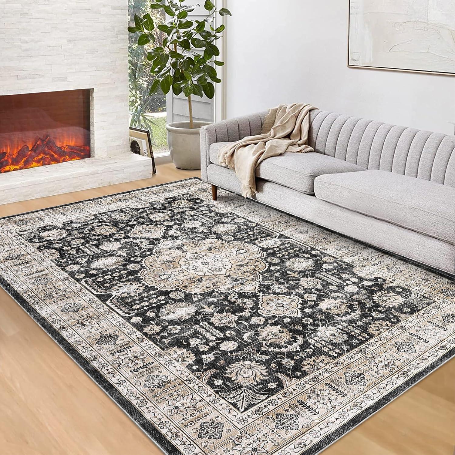 Black Floral Synthetic 8' x 10' Washable Area Rug