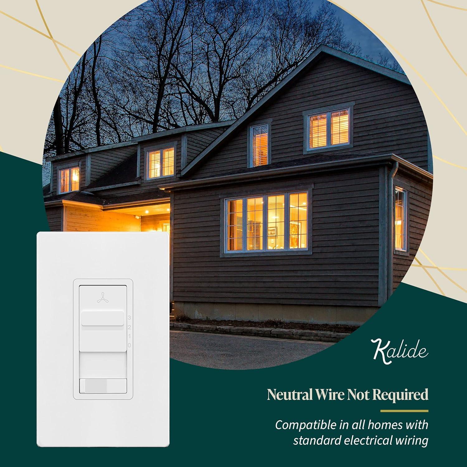 TOPGREENER Kalide 3-Speed Ceiling Fan Control Combo, in Wall Light and Fan Combination Switch, Single Pole, 2.5A, 720W, Neutral Wire Not Required, TGSFS3-W, White