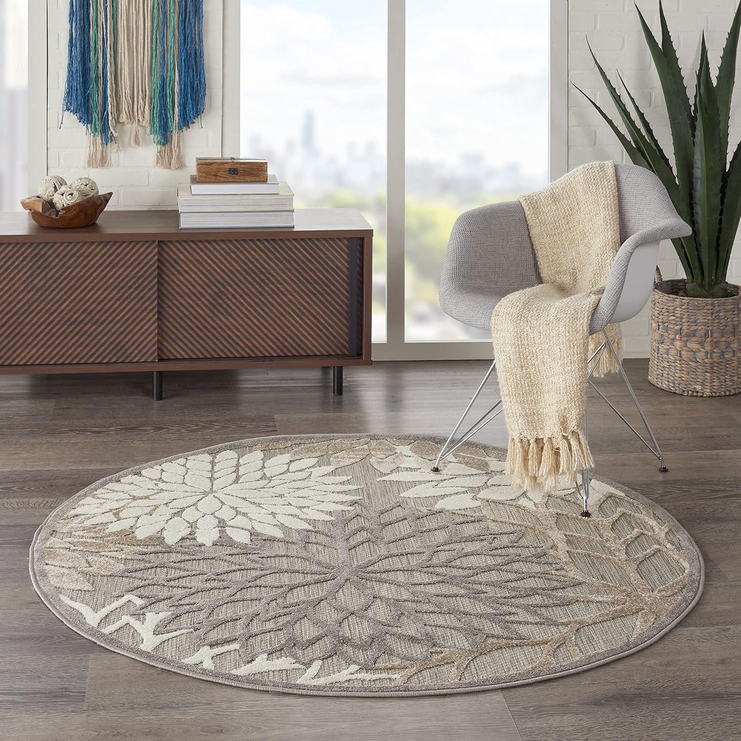 Nourison Aloha Floral Bloom Flatweave High-Low Indoor Outdoor Round Rug Natural 5'3" x 5'3"