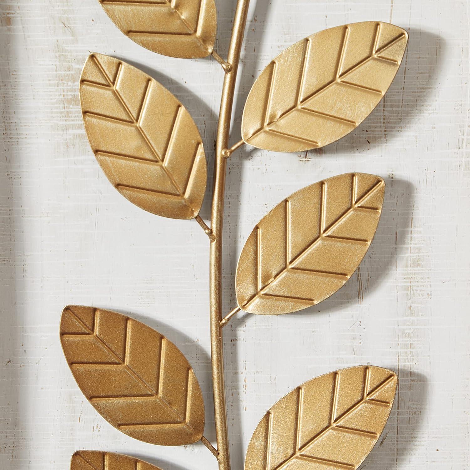 DecMode Gold Metal Framed 3D Leaf Wall Decor with Distressed Wood Backing (3 Count)