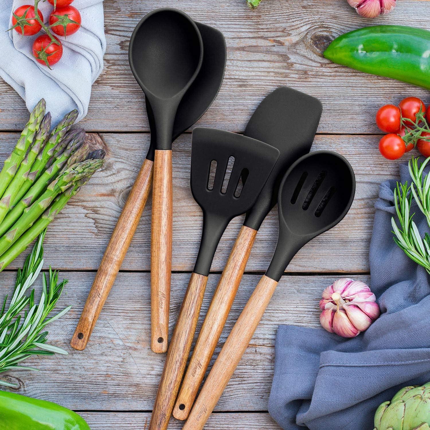 Black Silicone and Acacia Wood 5-Piece Cooking Utensil Set