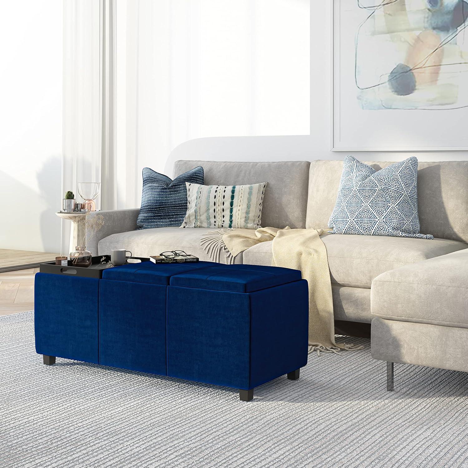 Simpli Home Avalon Storage Ottoman In Blue Velvet Fabric