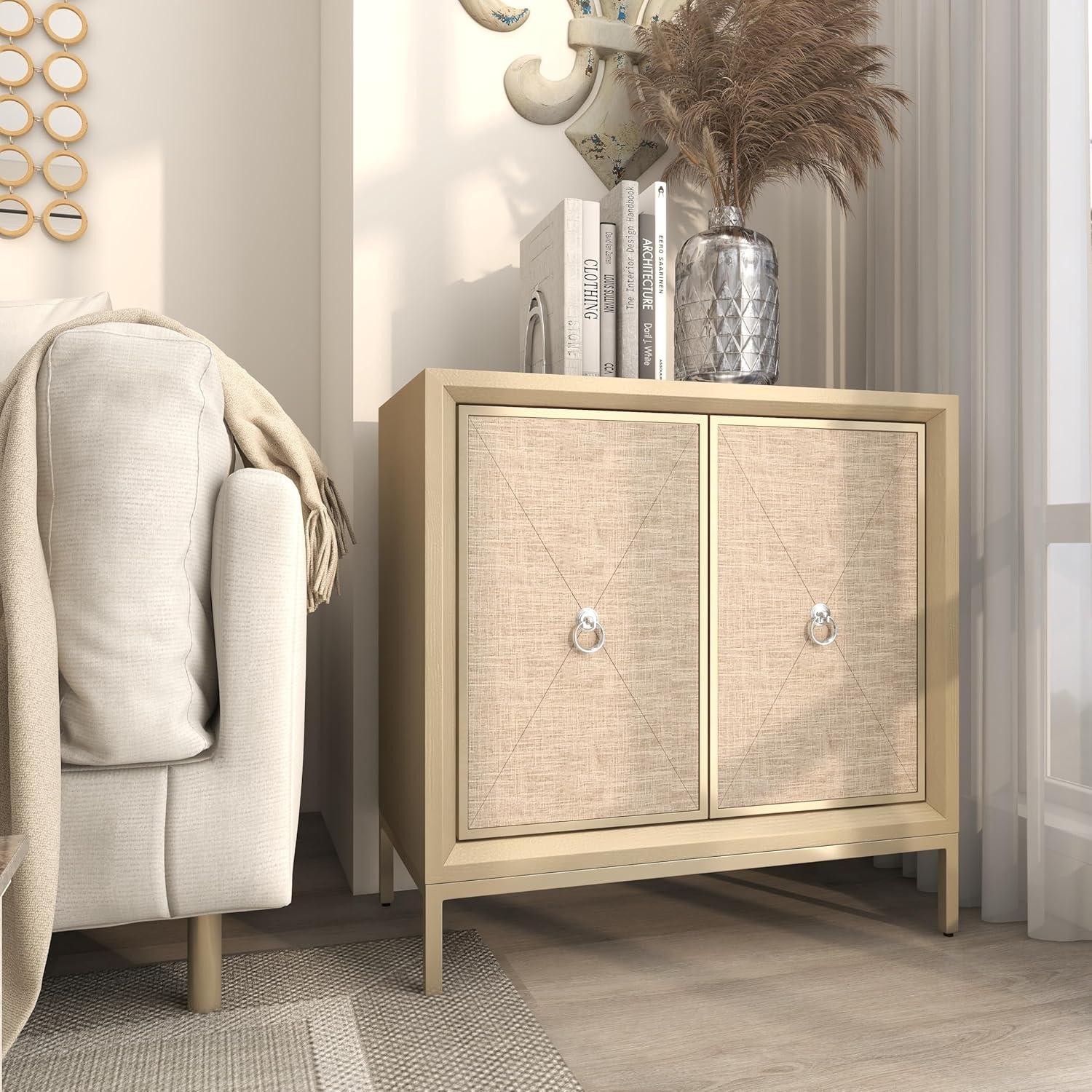 DecMode 32" x 32" Beige Wood Upholstered Front Panel 1 Shelf and 2 Doors Cabinet with Mirrored Top and Ring Handles, 1-Piece