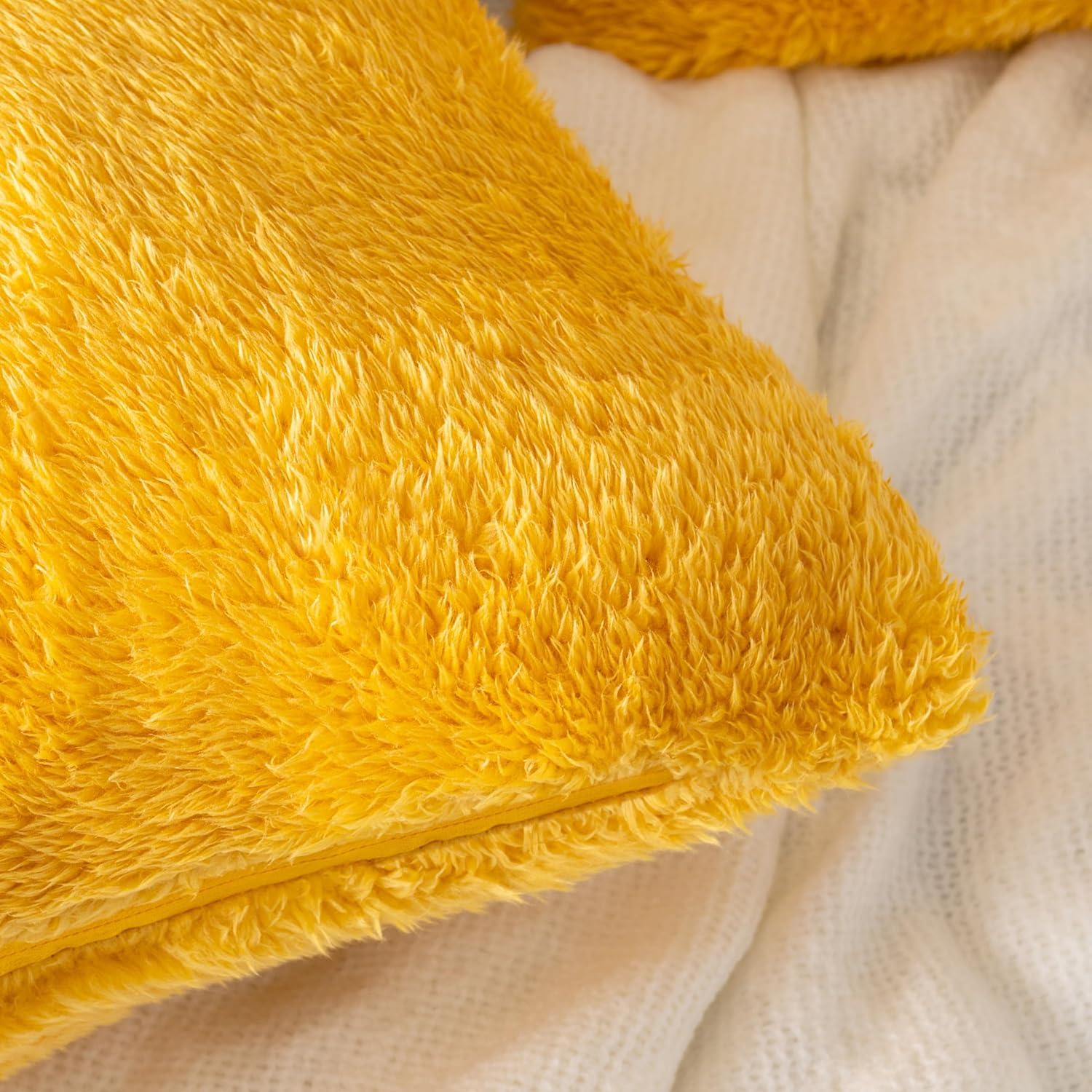 PAVILIA Set of 2 Fluffy Throw Pillow Covers, Decorative Faux Shearling Fur Square Cushion Accent for Bed Sofa Couch, Yellow/20 x 20