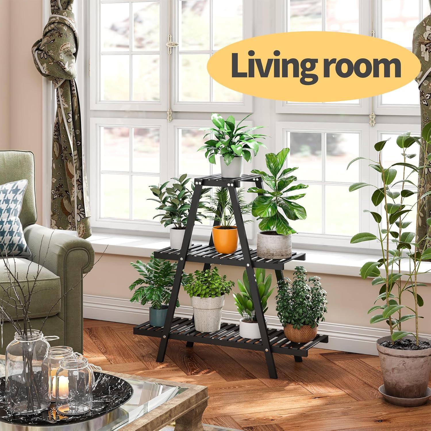 Bamboo Plant Stand Indoor/Outdoor, 3-Tier, Black, Rectangular, 8 Potted Flower Holder Ladder Plant Rack