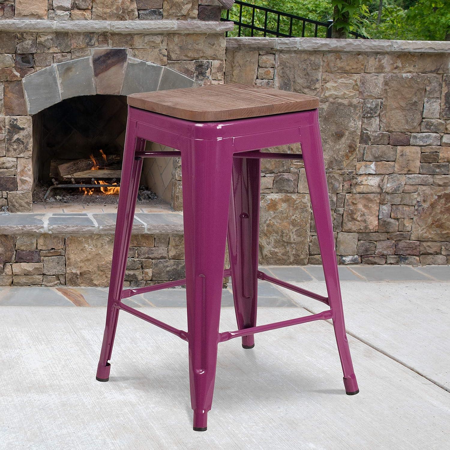 EMMA + OLIVER 24" H Backless Purple Counter Height Stool with Wood Seat