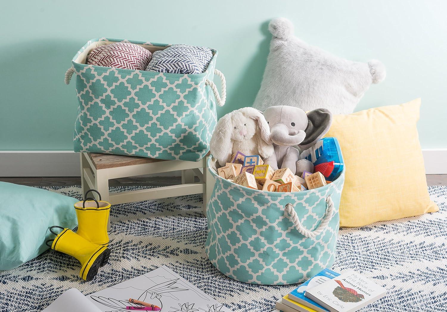 Aqua and White Fabric Collapsible Storage Bin with Rope Handles