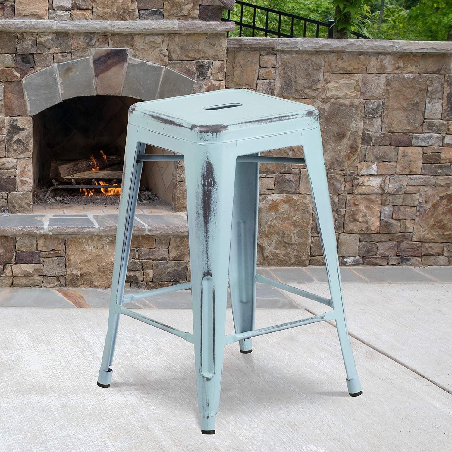 Flash Furniture Commercial Grade 24" High Backless Distressed Metal Indoor-Outdoor Counter Height Stool