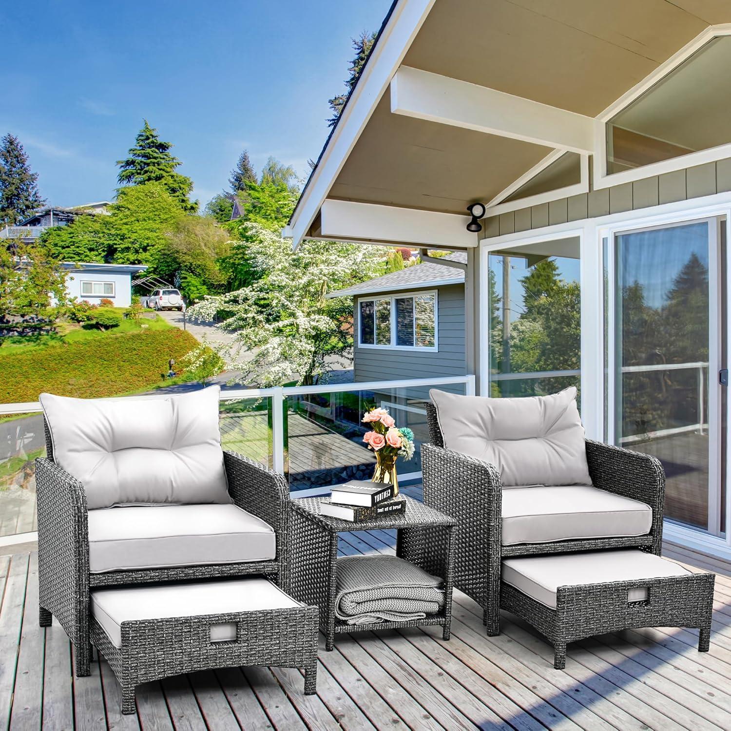 Pamapic 5 Pieces Outdoor Patio Wicker Chairs Set with Ottoman Outside Conversation Furniture Set with Cushions and Coffee for Balcony Porch Lawn Garden Table(Grey Cushion+Light Grey Rattan)