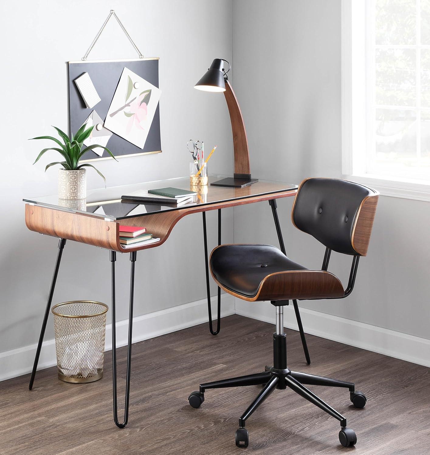 LumiSource Avery Mid Century Modern Desk Walnut : Tempered Glass Top, Wood & Metal Frame, All Purpose Drawer