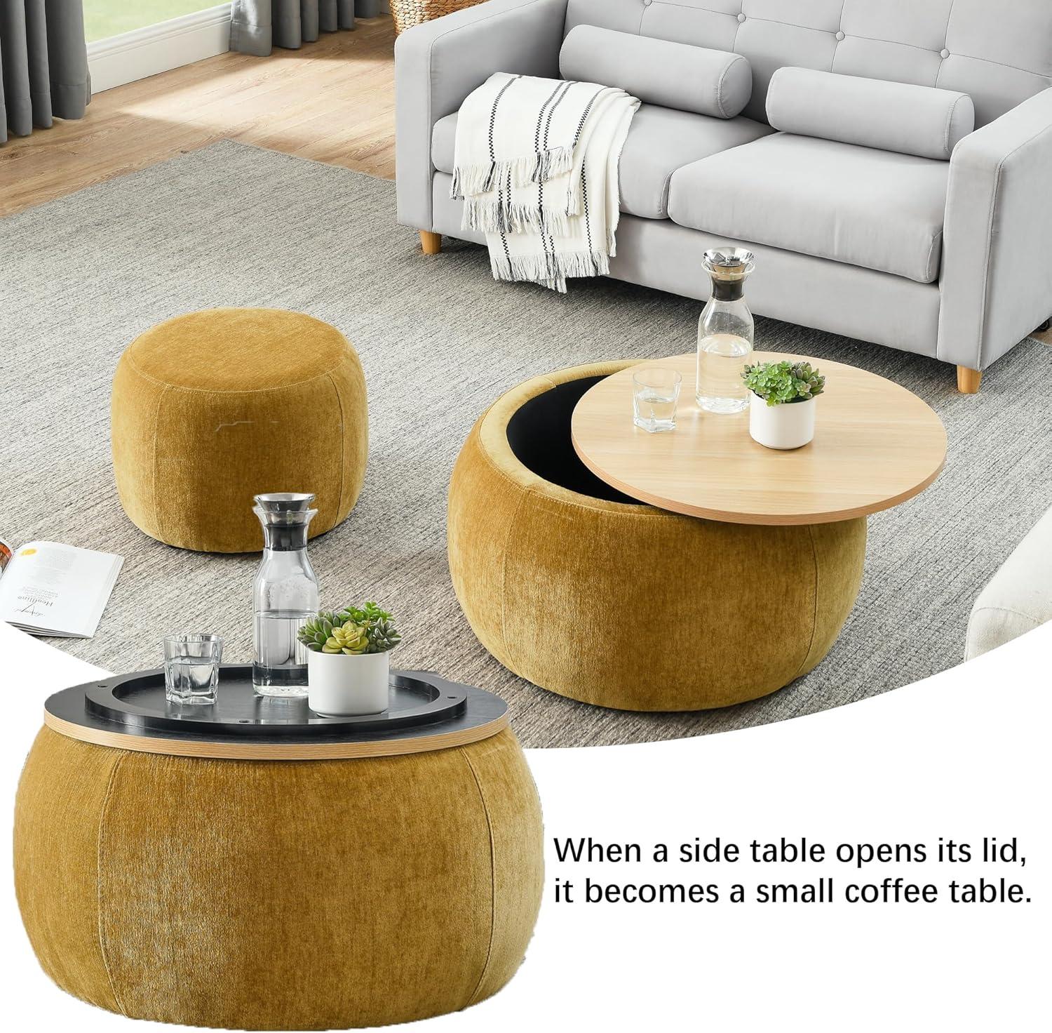 Dark Yellow Chenille Round Storage Ottoman Set with Eucalyptus Wood