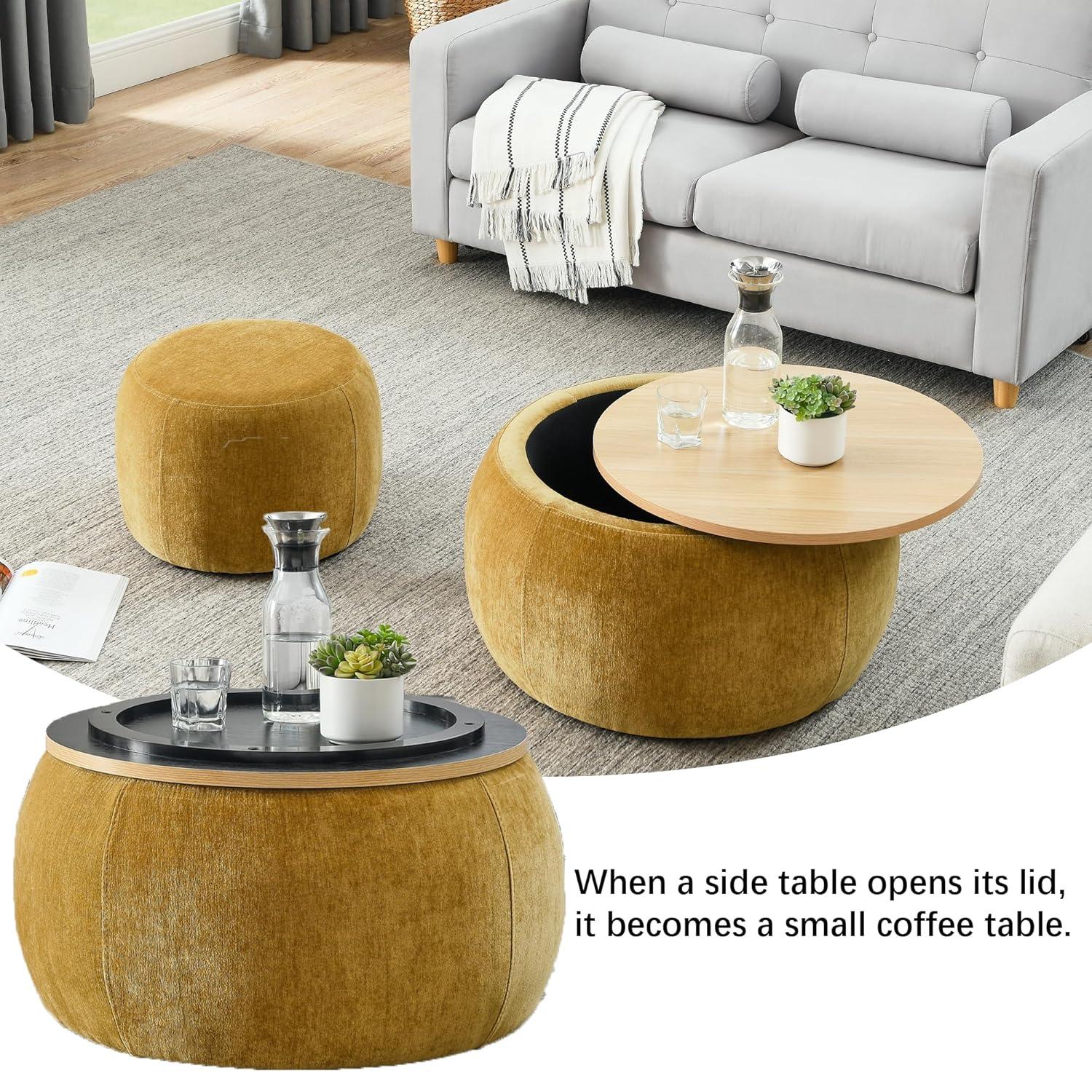 2-Piece Set Round Chenille Storage Ottoman, Equipped with a Drum Shaped Small Stool, Storage Space, and MDF Made Desktop Panel (Dark Blue, 25"x25"x14.7")