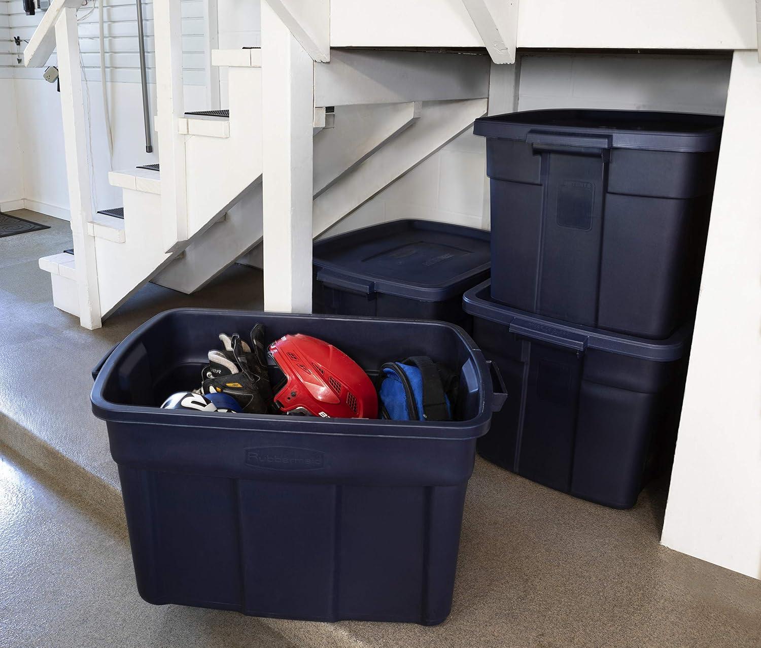 Rubbermaid Roughneck 25 Gallon Rugged Stackable Storage Container with Tight Lid for Indoor or Outdoor Home Organization, Dark Indigo Metallic, 4 Pack
