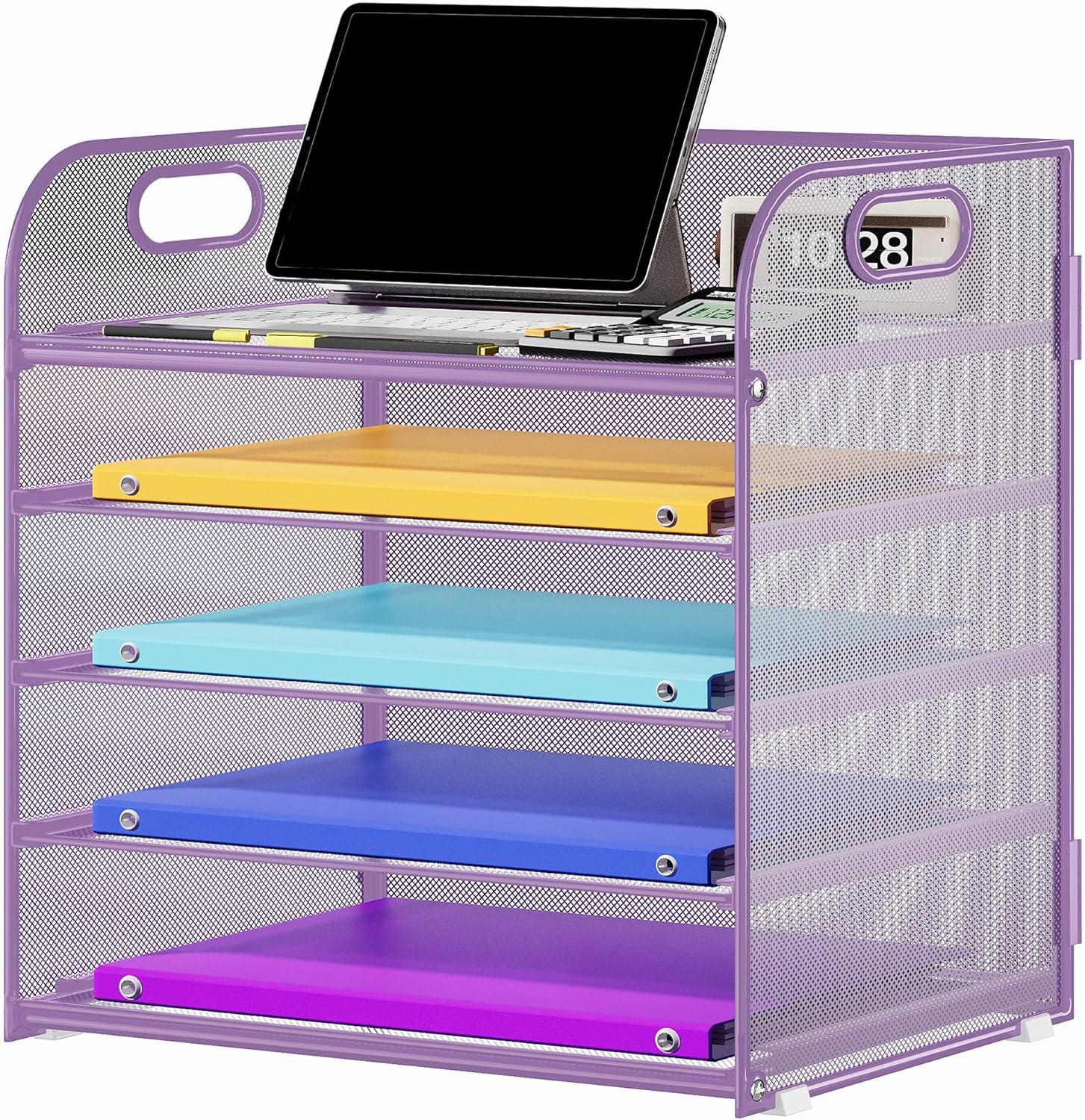 Marbrasse Paper Organizer Letter Tray, 5 Tier Mesh File Organizer with Handle, Paper Sorter Desk Organizer for Home Office Supplies - Purple
