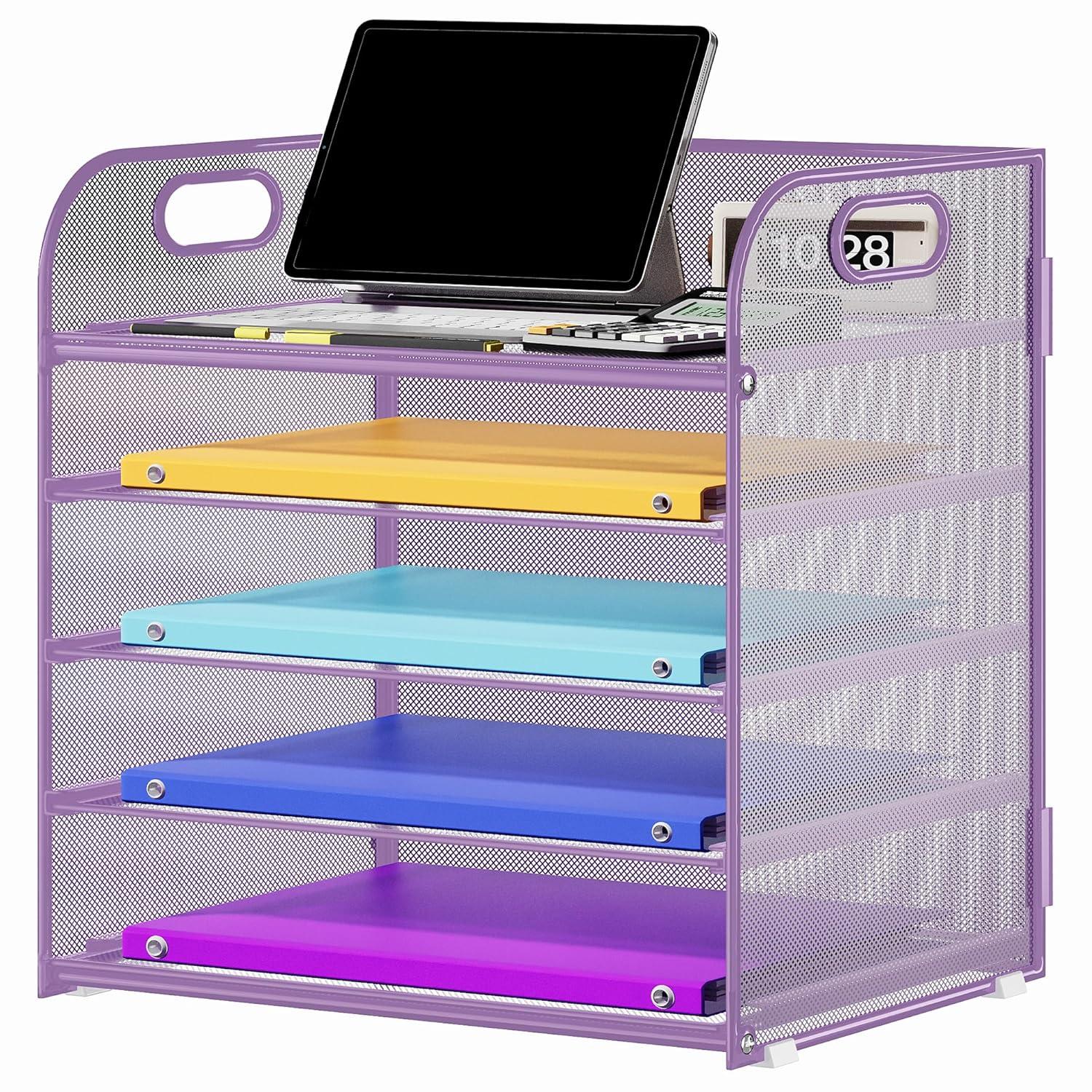 Marbrasse Paper Organizer Letter Tray, 5 Tier Mesh File Organizer with Handle, Paper Sorter Desk Organizer for Home Office Supplies - Purple