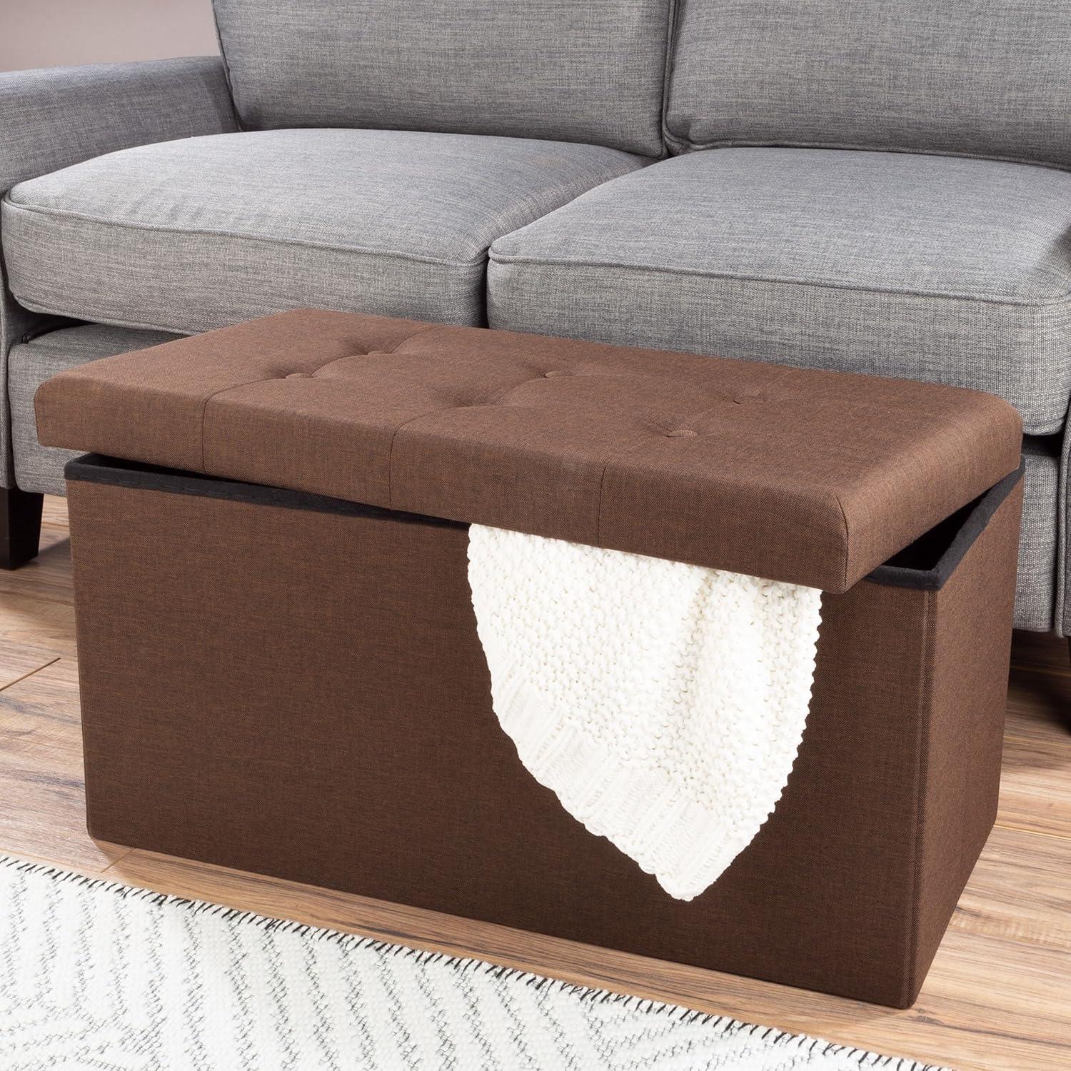 Brown Polyester Rectangular Storage Ottoman Set with Wood Frame