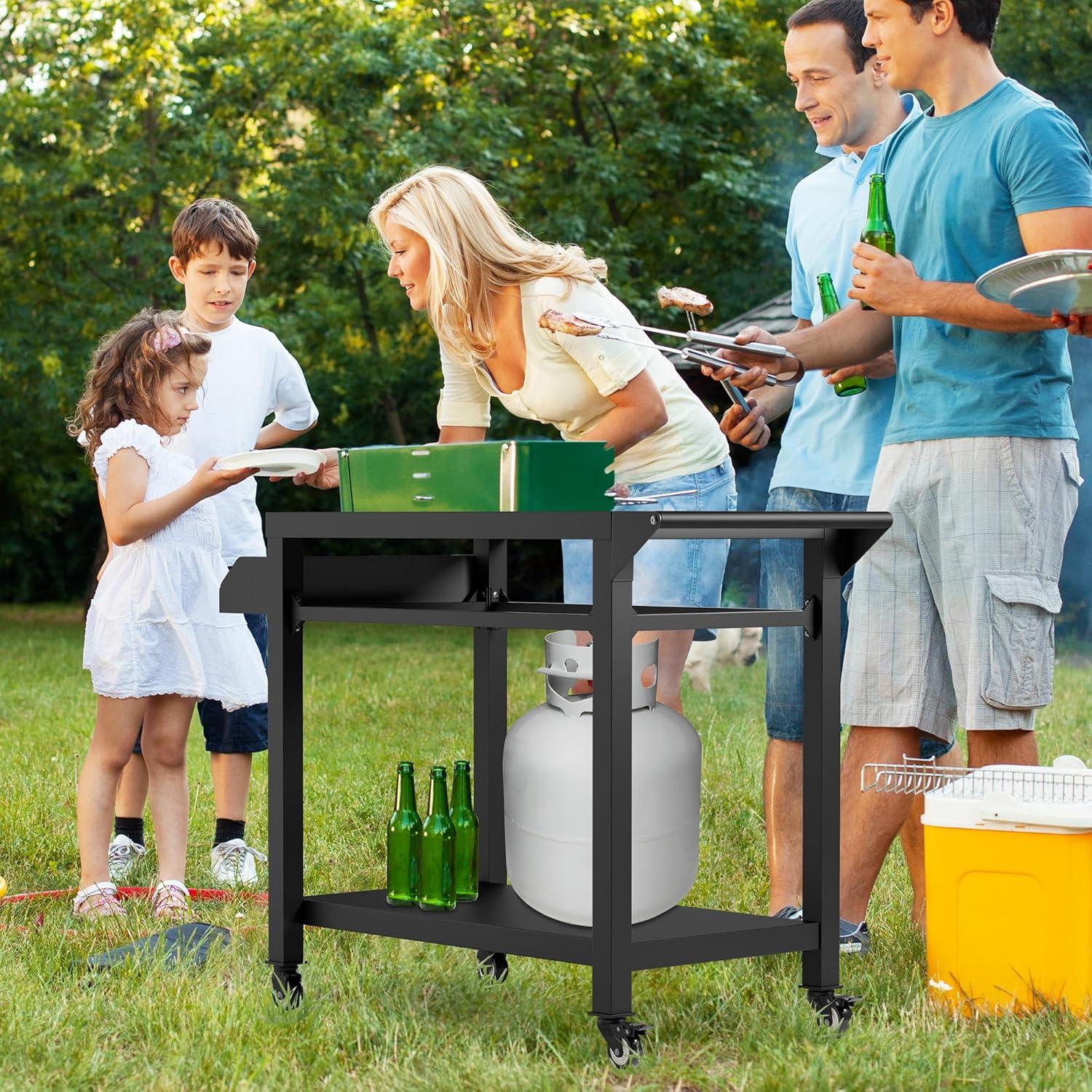 Outdoor Grill Cart, Pizza Oven Stand Table with Wheels for Outside Patio, Heavy Duty Movable Outdoor Cooking Prep Table BBQ Smoker Cart for Backyard, Camping and Parties