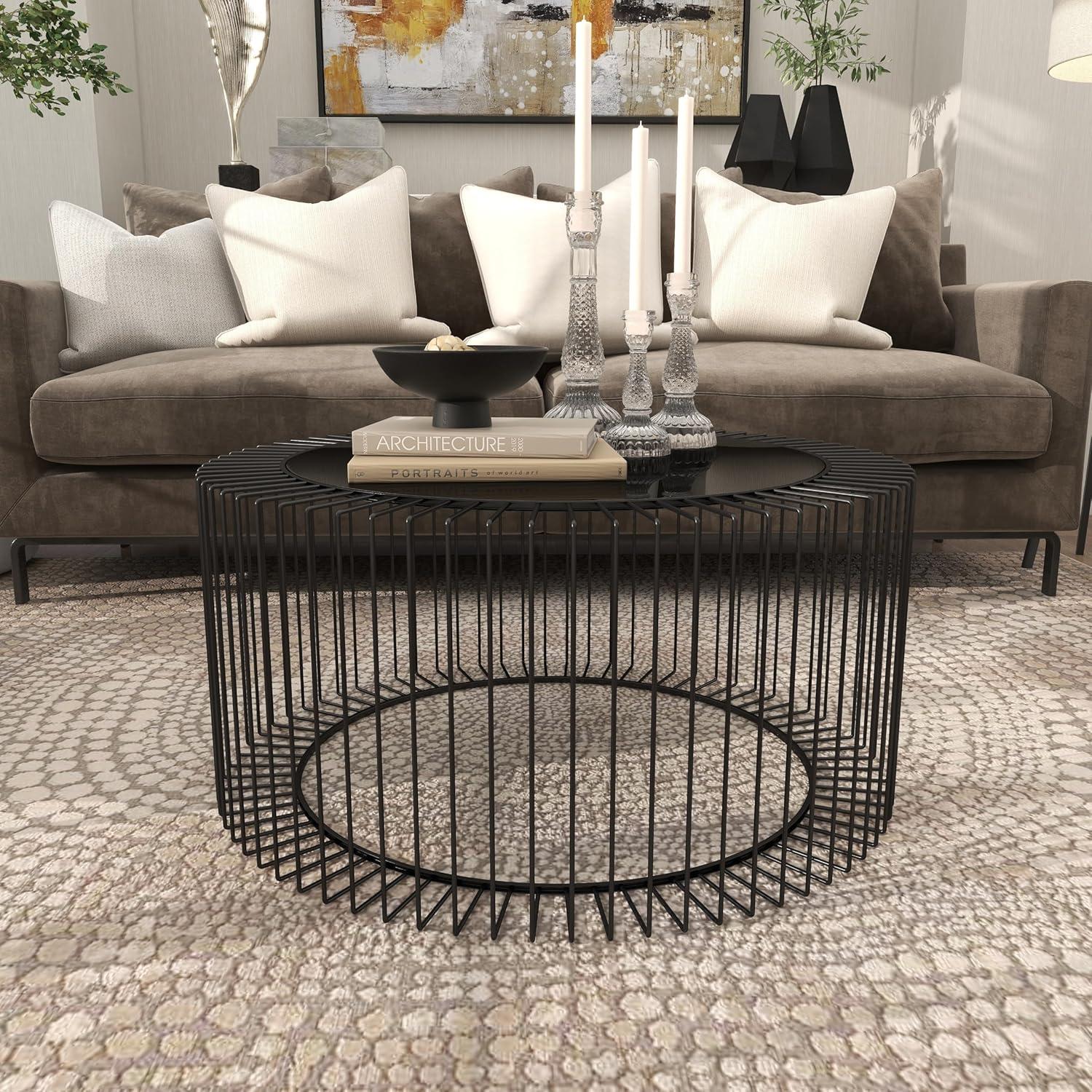 Contemporary Metal Coffee Table Black - Olivia & May: Modern Glass Top, No Assembly Required