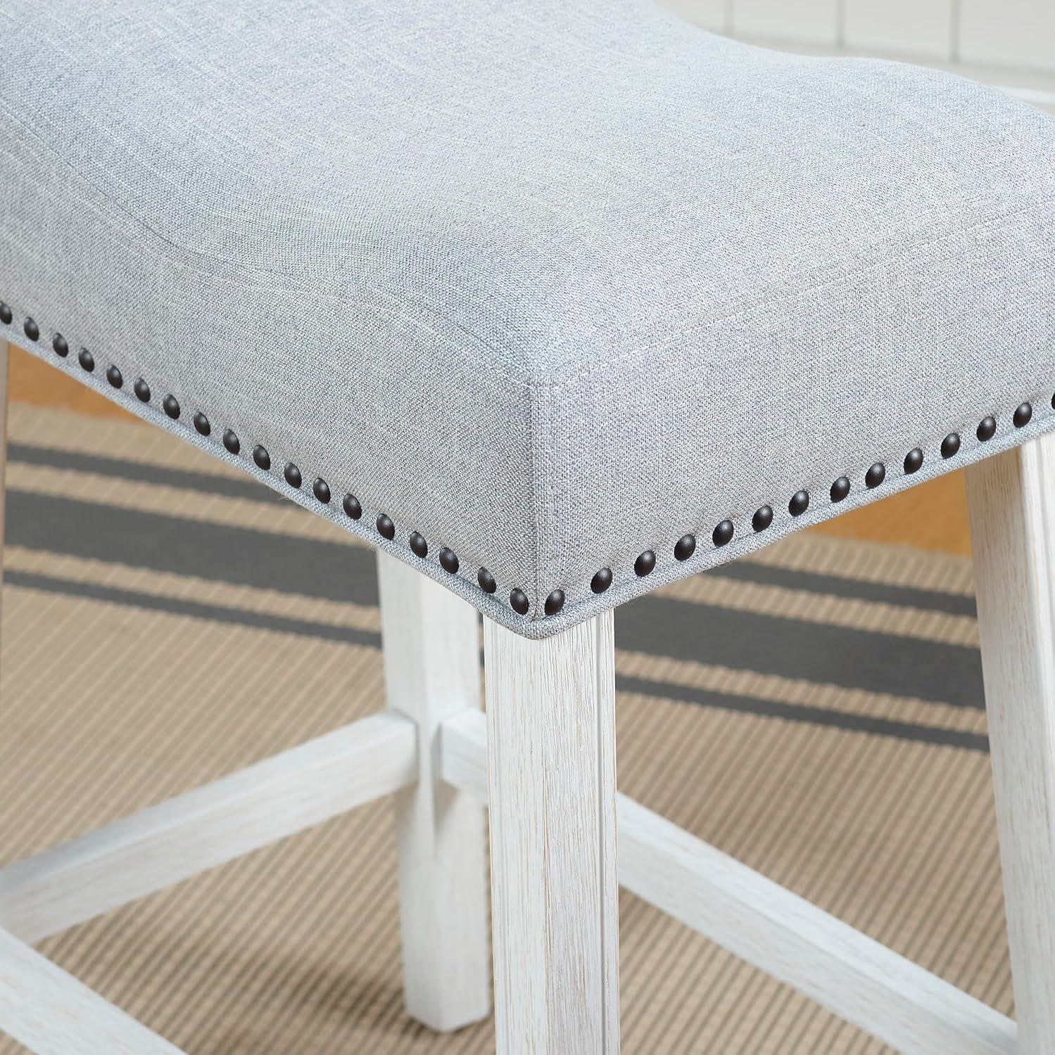 Roundhill Furniture CoCo Upholstered Counter Height Stools - Saddle Seat, White-Washed Finish, Gray Fabric, Set of 2